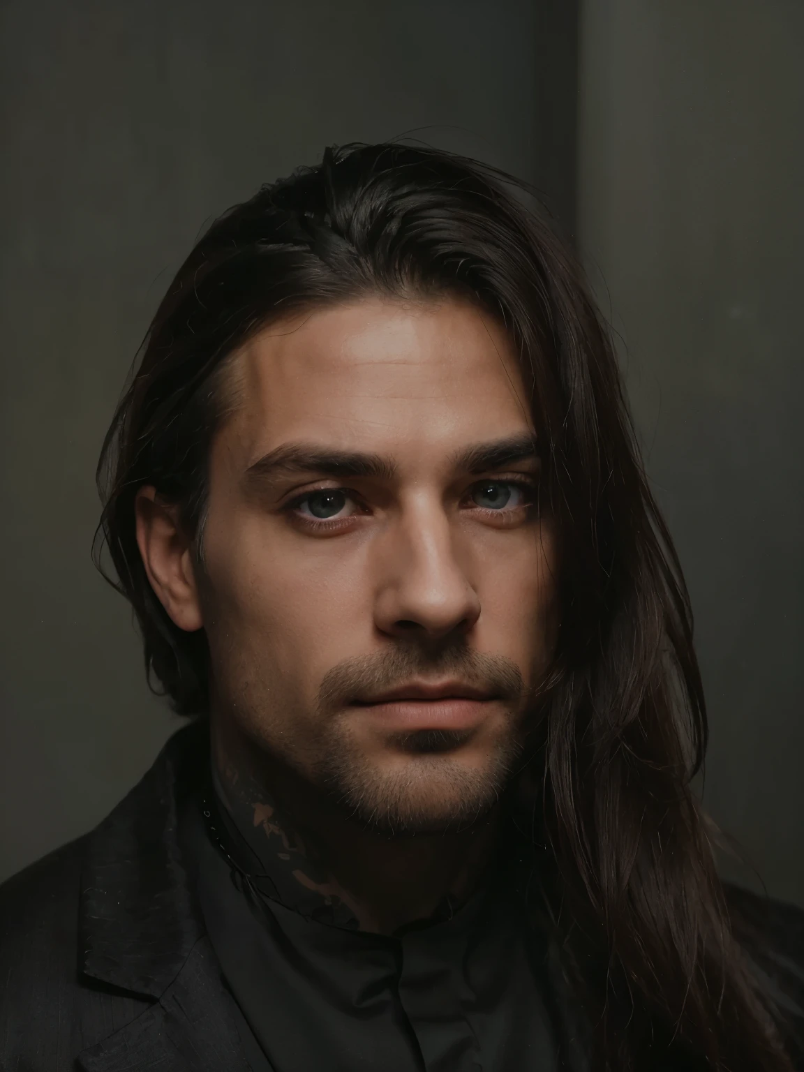 Professional man in great clothes, beautifull shirt, blue eyes, Beautiful man with serious appearance, unilaterlal long dark hair, shaved hair on one side long hair on the other side, Elegant man and attractive, Long and great barber, great barber (Realistic and high-quality image), ((Best quality, 8k, master piece).