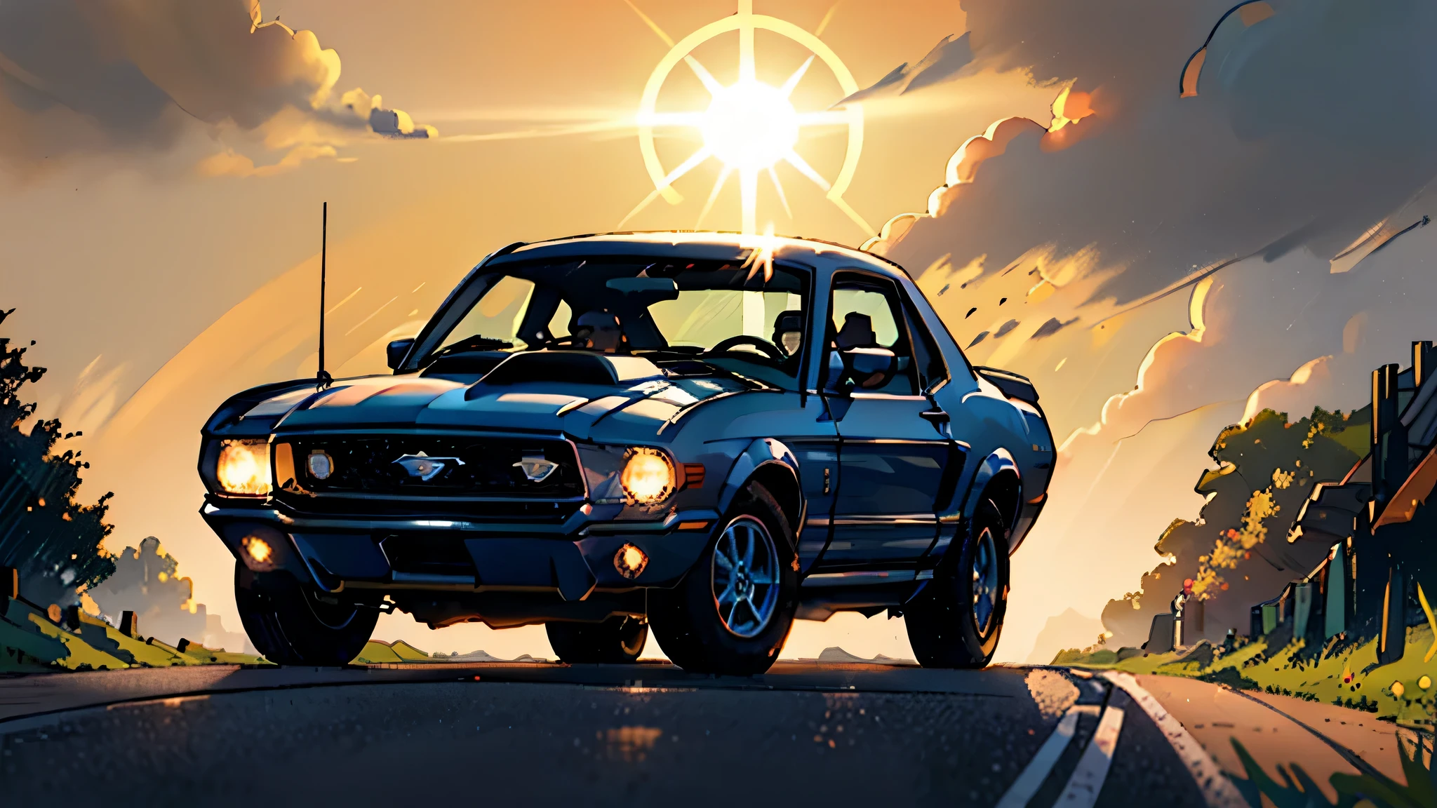 Visualize uma cena, onde um carro ford mustang azul se afasta em uma rodovia deserta, enveloped by the rays of the summer sun. O caminho se estende pela frente, pelo dia ensolarado. The mood is one of joy, com a estrada e o horizonte. Capture the feeling of joy and peace.