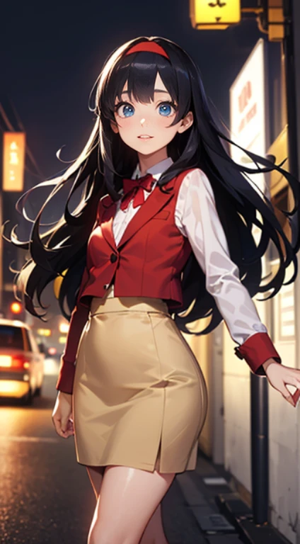 High resolution, Venice, Streets of Europe,((The long-haired:1.3)),(Black hair),Hair is straight,(Yellow headband:1.3), (Red Blazer:1.3),(Red vest:1.3),(long-sleeve:1.3),Detailed photos of beautiful women_Face, Young and handsome girl,Realistic:0.5, Perfect Skin, (hyper detailed background, Detailed background), (Very beautiful beautiful Japan woman),(Beige skirt:1.3),((small udder)),((skinny thigh)),Soft skin, High school students,Tall,Mature body,Nice big blue eyes, (High detail eyes),depth of fields),Soft light, Lens glows,looking at viewert, (drooping eyes:1.2), Straight teeth,Smile, Floating hair, Cinematic, fulcolor, 4K, 8K, professional colorgraded, Professional Photography, Soft and clear focus, Photorealistic illumination and shadowing, (Very delicate and beautiful art)1.3, Bokeh, Elegant,Effective angle,Vitality constitutes a breakthrough eyes beautiful eyes, Princess Eyes, (Big eyes:1.3), hair between eye, (slender:1.1), (thin waist: 1.15), (Detailed beautiful girl: 1.4), Parted Lip, Full makeup, (Shiny skin), ((Perfect female body)), Perfect Anatomy, Perfect proportions, Very cute and beautiful Japan actress face:1.3),,(blush:1.1), Gray background, solofocus, (Bust Up Shot:1.2), Cinematic Light, (Nostalgic night view:1.4), Vivid glow of neon,