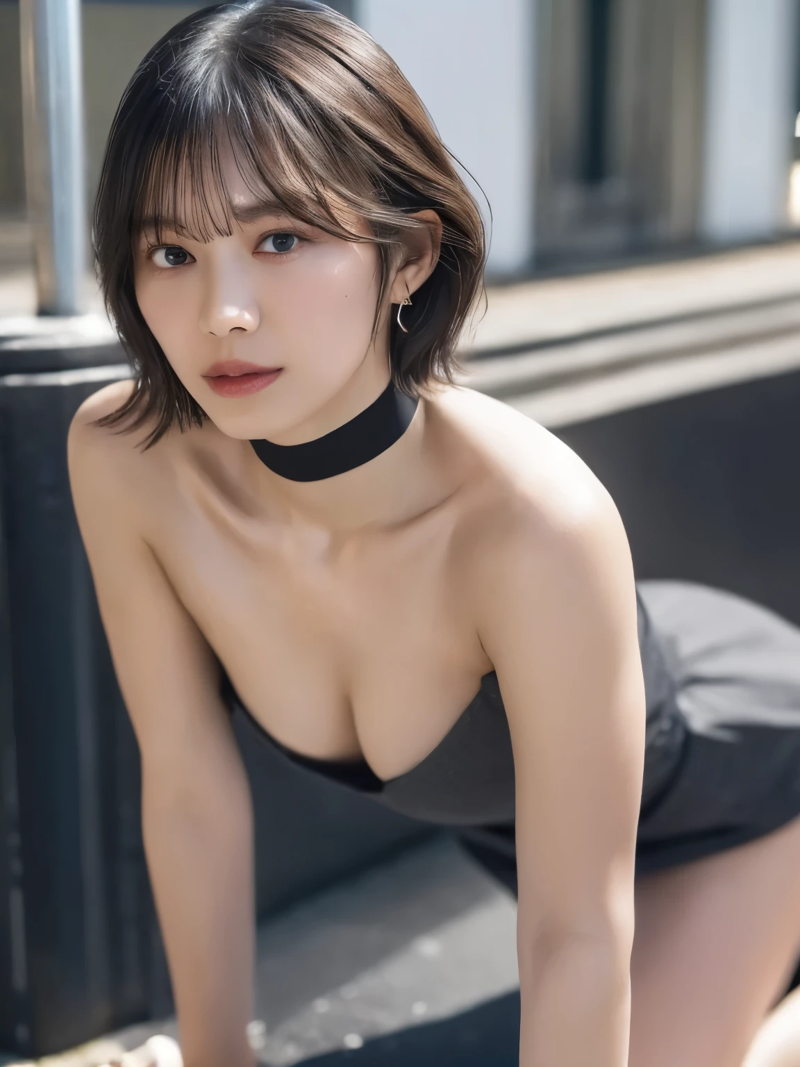 Best Quality , ( Photorealistic : 1.4 ) masterpiece , ultra high resolution , 1girl ,very small breasts ,( highest quality, 8K, masterpiece: 1.3),Sharp Focus: 1.2, Urban area: 1.2, Highly detailed face and skin texture, Perfect Lighting,  Black Choker Necklace,tokyo street, Knelt , Spread leg , short hair , tigh gray