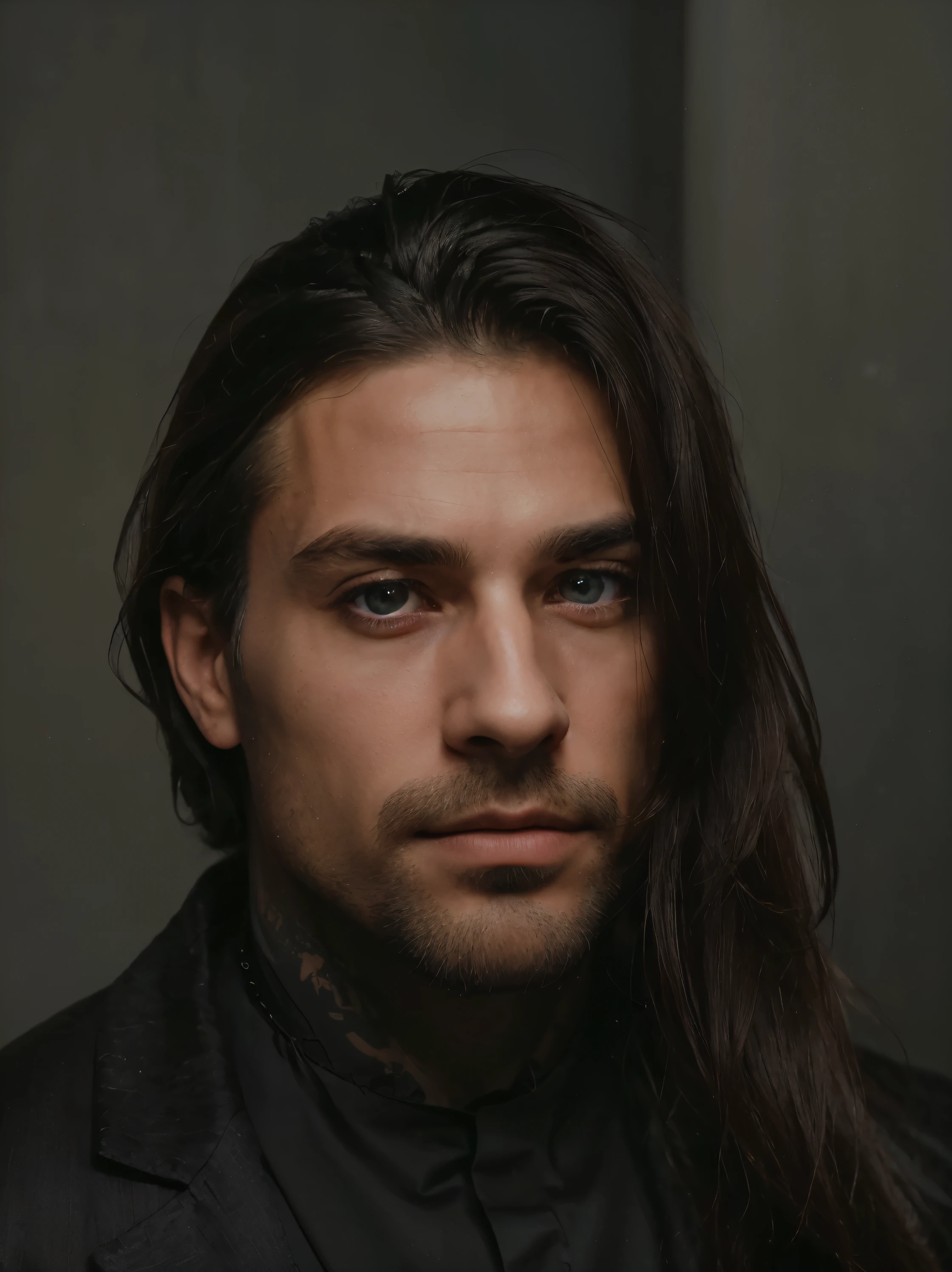 Professional man in great clothes, beautifull shirt, blue eyes, Beautiful man with serious appearance, unilaterlal long dark hair, shaved hair on one side long hair on the other side, Elegant man and attractive, Long and great barber, great barber (Realistic and high-quality image), ((Best quality, 8k, master piece).