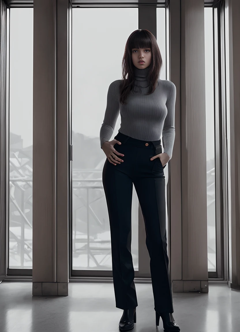 FULL BODY paparazzi shot of SCANTILY CLAD LISA, RAW portrait photo of beautiful young sks woman, Turtleneck bodysuit and high-waisted trousers, natural lighting, by Peter Lindbergh, detailed face, UHD, absurdres, epic scene composition, 
cinematic look, Fujifilm XT3, dslr, high quality, film grain
