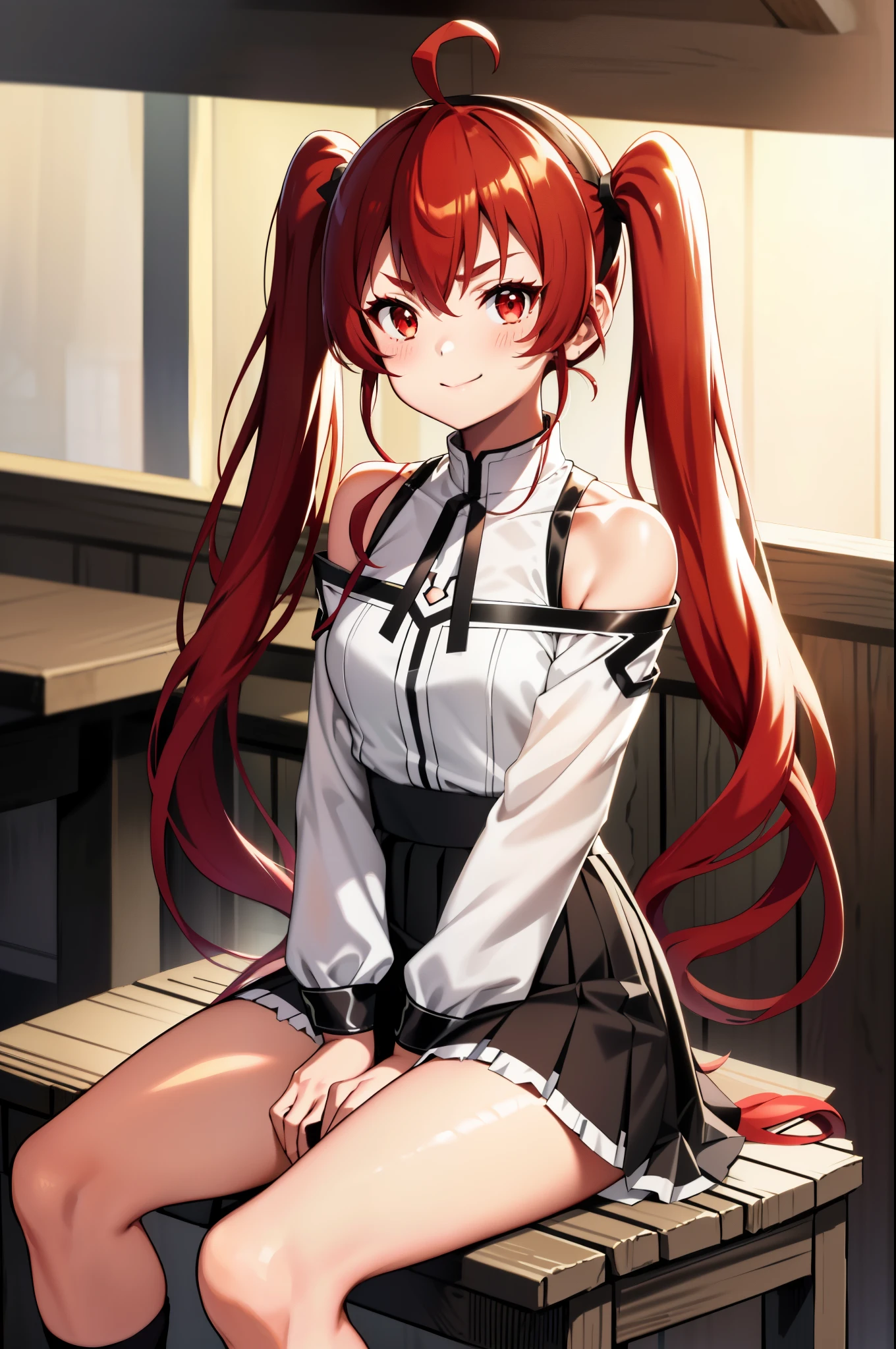 Eris Greyrat, (1 girl:1.3), solo, Ahoge, bangs, bare shoulders, black hair band, smile, clothing clippings, sit on a chair, (hand between legs:1.3), hair between eyes, hair band, long hair, long sleeve, looking at the viewer, red eyes, redhead, shoulder cutout, Background of the mansion, ruffle skirt, (Skirt below the knee:1.3), alone, High resolution, Harm, mushoku tensei, cowboy shot, (twin tails:1.3)