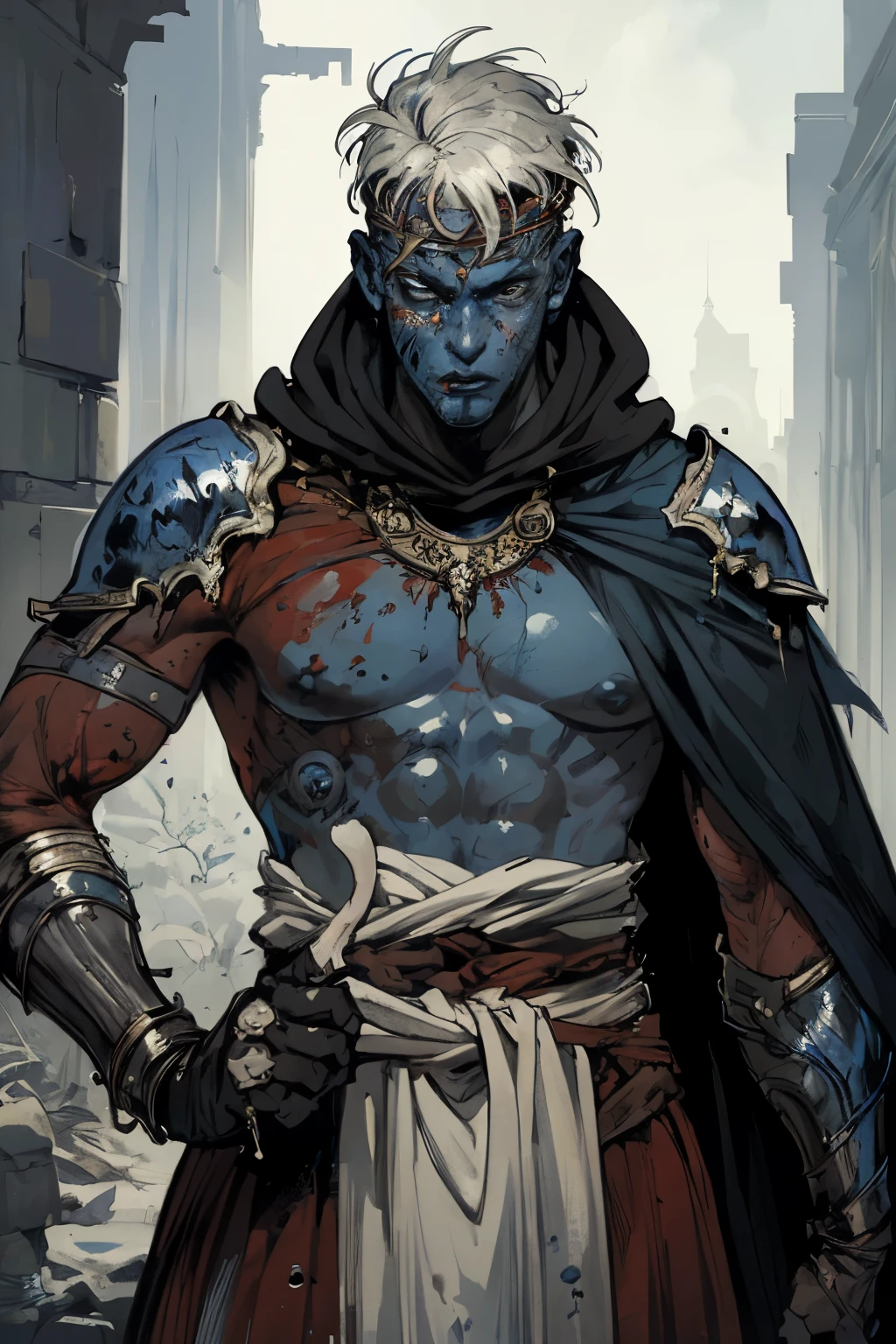 masterpiece:1.2, best quality, ultra detailed, absurdres, blood splatter, (action shot), archer, wearing layers of elegant armor, hood crown, Leper King, centered, in the style of Kentaro Miura, (blue skin), white hair, disfigured face, 1male,male_focused,