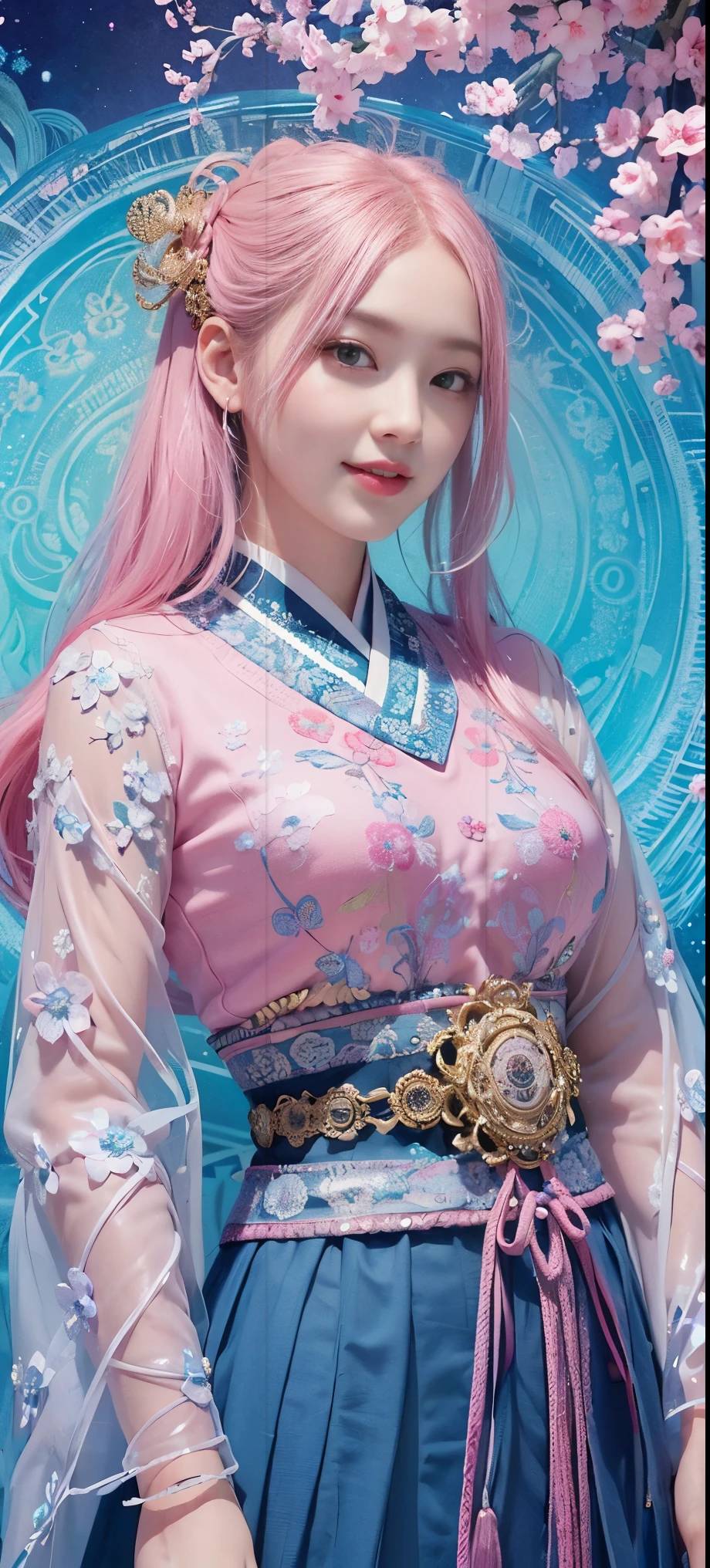 (Masterpiece, Top Quality, Best Quality, Official Art, Beauty and Aesthetics: 1.2), (1girl), Korean, (Smile), Extremely detailed, Colorful, Supreme Detailed, Uniform 8k wallpaper, Ultra detailed, Beautiful, Pale Pink hair color, (zentangle, flower, mandala, tangled, entangled), water art, surround, entangled, real, sci-fi background