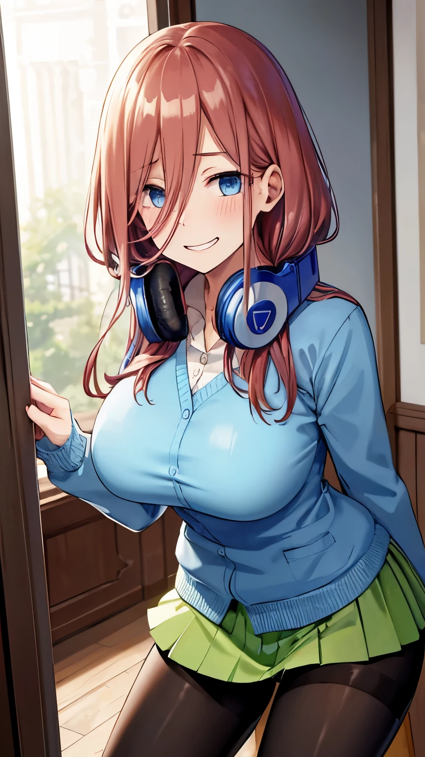 masterpiece, best quality, highres, nm1, headphones around neck, , long sleeves, blue cardigan, green skirt, pantyhose, cowboy shot, smiling, looking in the camera, cute position, embarassed