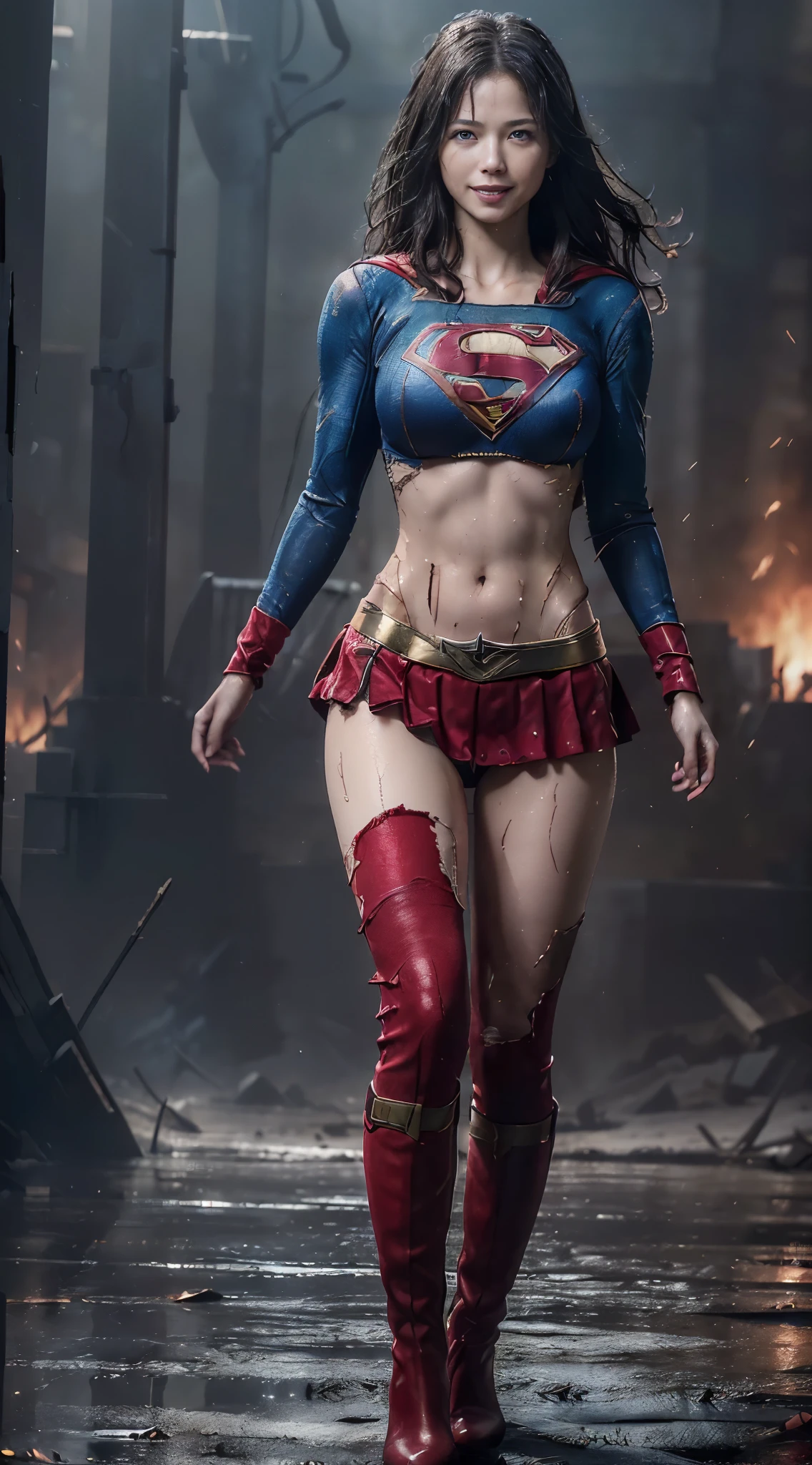 no background、short hair、supergirl costume、Snug costume、(((stretch your legs、tall、Legally express the beauty of your smile)))、((((Get the most out of your original images)))、(((supergirl costume、torn、Tattered、being destroyed)))、(((beautiful hair)))、(((I&#39;m in pain)))、(((Legs must be worn with black tights)))、(((must wear red boots、being destroyed)))、((Highest image quality、8K))、((highest quality、8K、masterpiece:1.3))、(((keep background )))、clear focus:1.2、beautiful woman with perfect figure:1.4、Full of scars、bloody、full of blood、slender abs:1.2、wet body:1.5、Highly detailed face and skin texture、8K