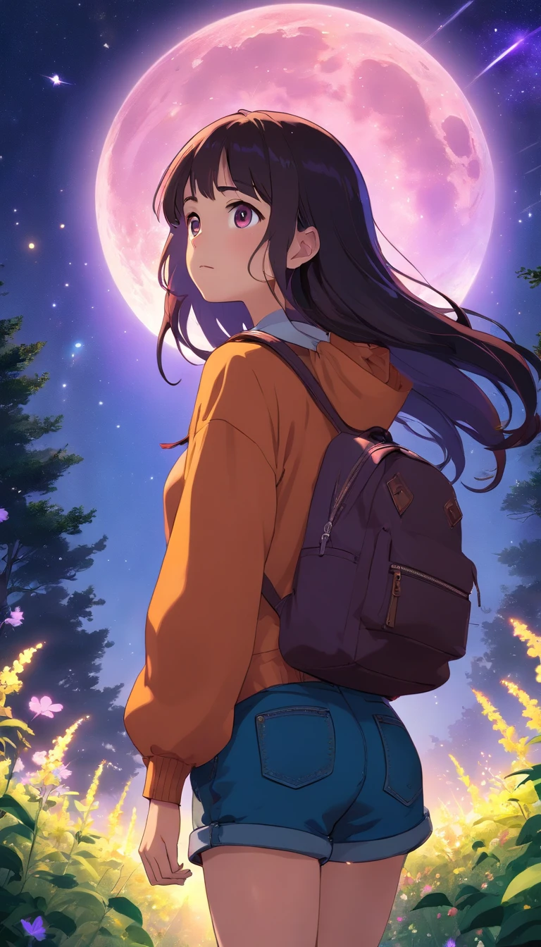 Expansive landscape photograph, (view from below with a view of the sky and wilderness below), (long-sleeved top, denim shorts, carrying a backpack), (dynamic pose:1.3, black eyes, black hime-cut long hair, sparkling girl)[:0.8] standing in a flower field looking up, (full moon: 1.2), (shooting star: 0.9), (nebula: 1.3), distant mountain, tree break production art, (warm light source: 1.2), (firefly: 1.2), lamp, purple and orange, intricate detail, volume lighting, realism break (masterpiece: 1.2) (Best Quality), 4K, Ultra-Detailed, (Dynamic Configuration: 1.4), Highly Detailed and Colorful Details, (Iridescent Colors: 1.2), (Glowing Lighting, Atmospheric Lighting), Dreamy, Magical, (Solo: 1.2)
