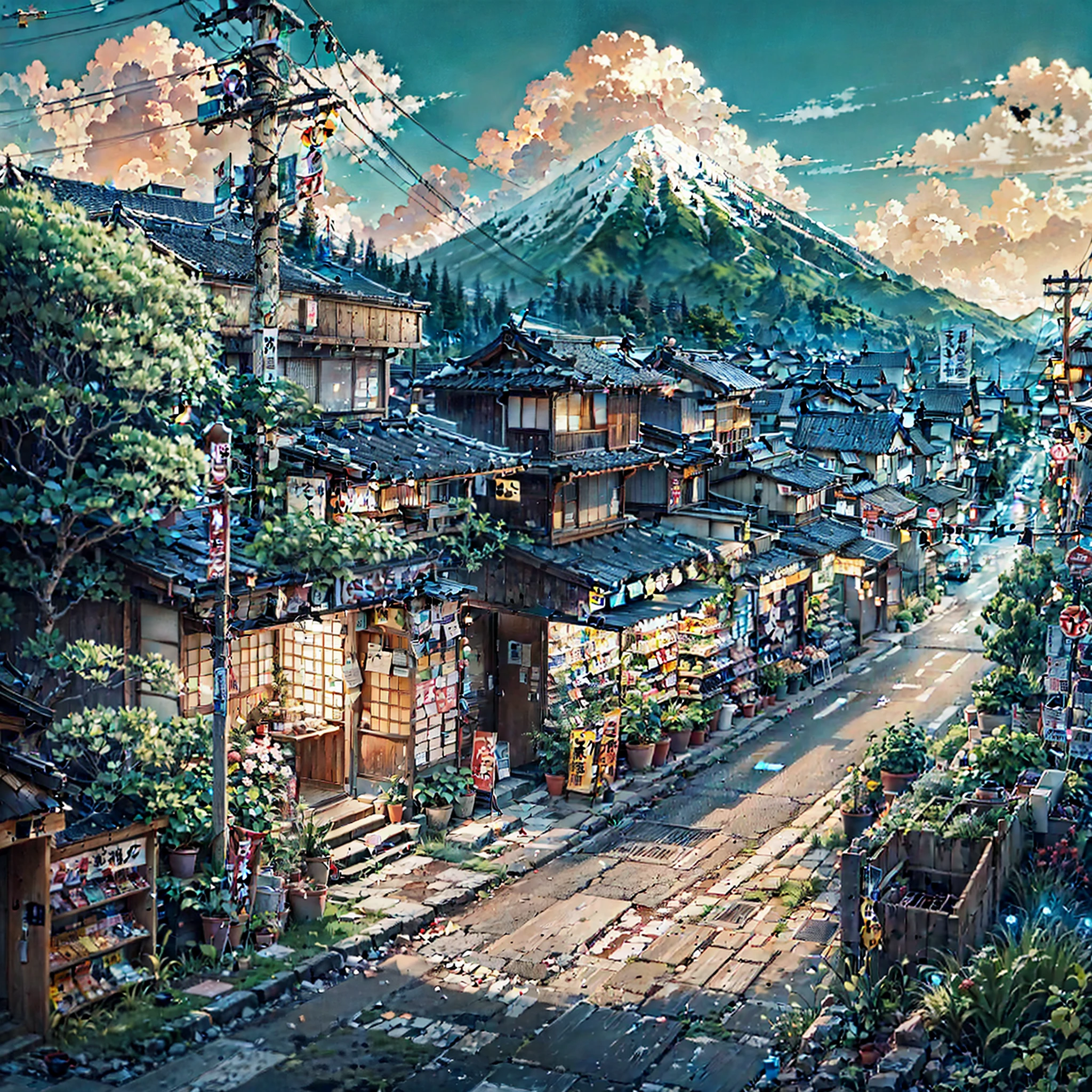 anime background, anime wallpaper, anime, anime style, lofi, lofi style, rural japanese street on the edge of a mountain, mountains, uphill, modern japanese architecture, japanese convenience store, big retro japanese shop signs, retro japanese store, trees, plants, rocks, plant pots, shop signs, japanese banners, japanese signs, flags, empty street, no one in sight, (no one: 1), best quality, wide view, street going uphill, buildings tight together, night time, night
