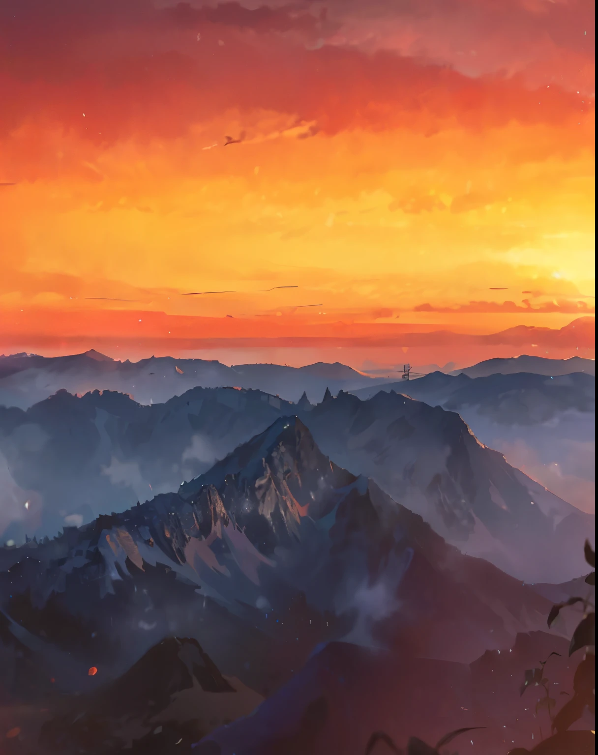 Dense mountains in the embrace of dusk, where the sun paints the setting in gradations of red, mixing between warm orange and gentle yellow. This mountain view reflects its natural beauty against the backdrop of the calm sky, creating a mesmerizing moment filled with romance and tranquility.