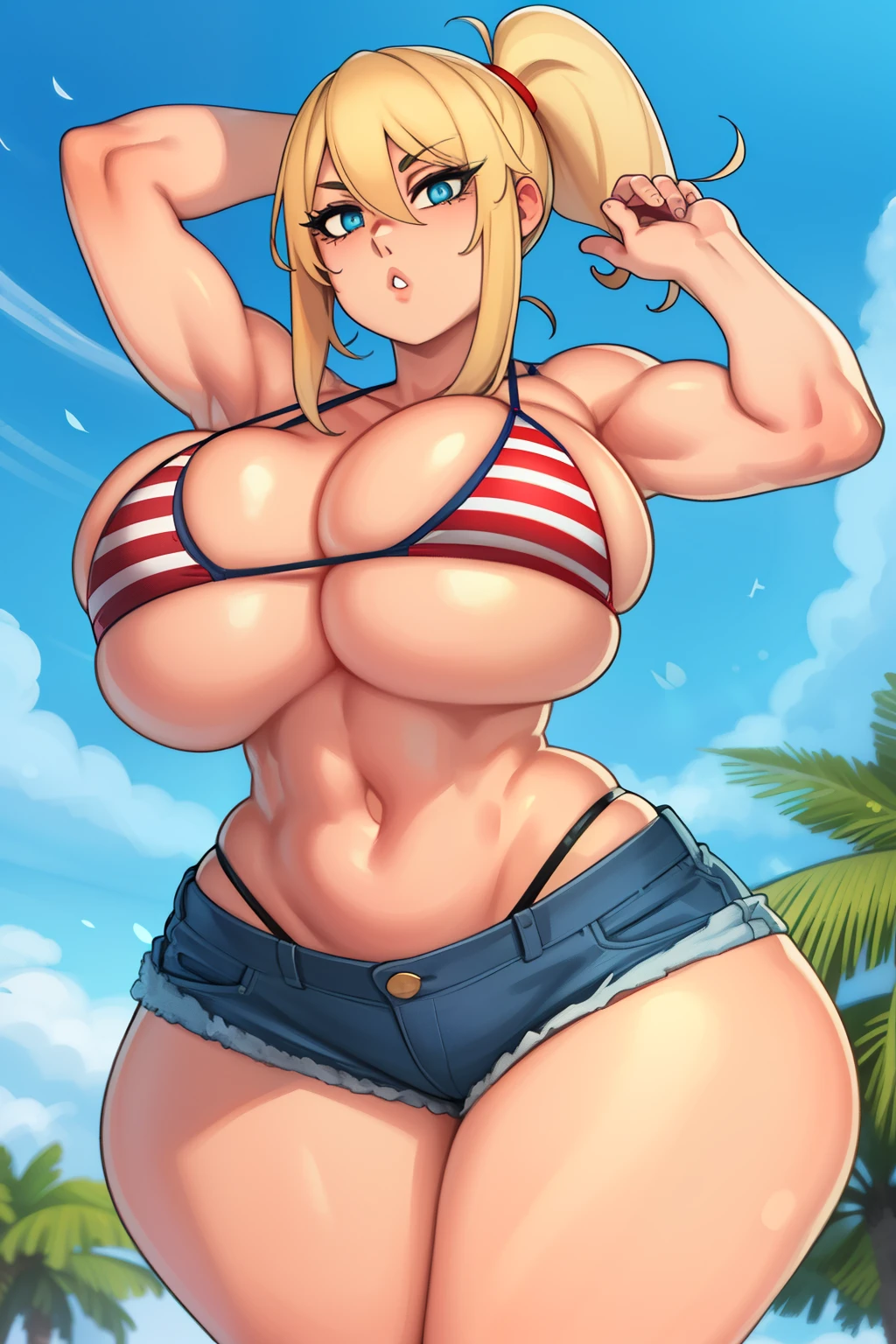 Samus Aran, 1 girl, (((bimbo))), perfect face, perfect eyes, looking at viewer, ponytail, blonde hair, puffy lips, thick lips, wide hips, thick thighs, craving lust face, huge natural breasts, cleavage, mature mom, perfect face, perfect eyes, blue eyes, outdoors, american flag bikini, jean shorts, arms behind head, picture from below