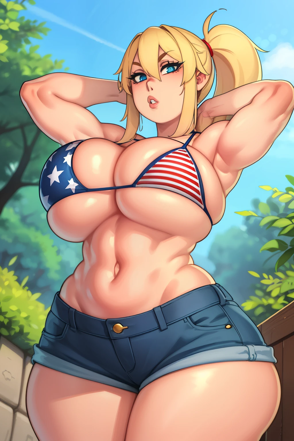 Samus Aran, 1 girl, (((bimbo))), perfect face, perfect eyes, looking at viewer, ponytail, blonde hair, puffy lips, thick lips, wide hips, thick thighs, craving lust face, huge natural breasts, cleavage, mature mom, perfect face, perfect eyes, blue eyes, outdoors, american flag bikini, jean shorts, arms behind head, picture from below