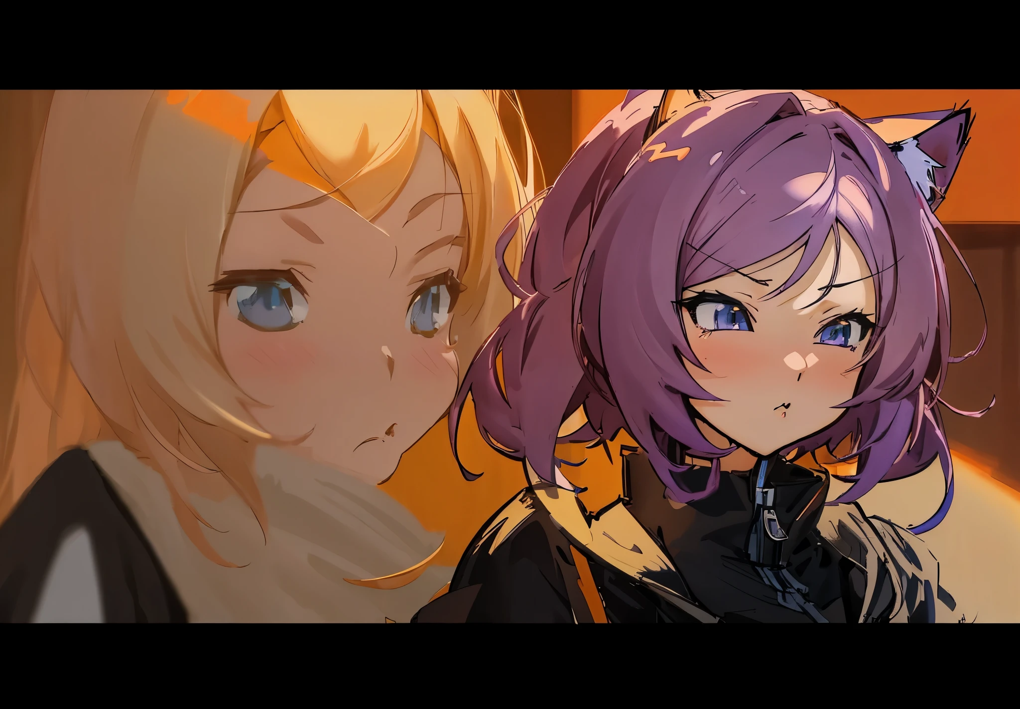 anime girl，cat ears purple hair，Looking at another girl, Produced by Anime Painter Studio, Drawing in animation artist studio, from, Anime cute art style, By Xinyi, screenshot of animation, eye-rolling character, cutscene, alchemist girl, anime stylization, cutscene footage，The blond girl on the left has her back to