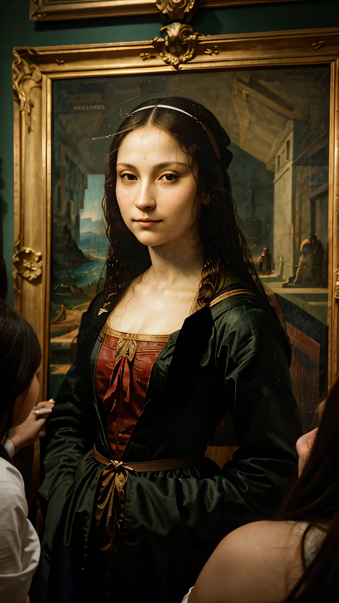 Generate a captivating image of Leonardo da Vinci in Milan during the Renaissance, standing in front of the iconic painting 'Mona Lisa' (La Gioconda). Envision Leonardo in a studio or gallery setting, surrounded by artistic tools, sketches, and the aura of creativity. Capture the atmosphere of Mediolan (Milan) with architectural elements characteristic of the time. Position the 'Mona Lisa' in the scene as a centerpiece, emphasizing its enigmatic beauty and Leonardo's connection to his masterpiece. Pay attention to details such as lighting, clothing, and the expression on Leonardo's face, reflecting the passion and genius of the renowned artist. Craft an image that transports viewers to the artistic vibrancy of Renaissance Milan and the presence of one of the world's most celebrated paintings.
