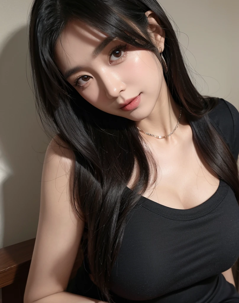 um close up de uma mulher tirando uma selfie sorrindo com um celular, Asian woman with long black hair with bangs and a necklace, Retrato realista de Kawaii, Rosto detalhado de uma japonesa, corte de cabelo preto longo com franja, rosto de anime natural fofo, young lovely korean face, cabelo preto e olhos grandes, ela tem cabelo preto com franja, beautiful asian girl, cabelo preto longo com franja, japonesa, kawaii, com franja, franja, top rosa, roupa rosa, vestido rosa, selfie, ela tem cabelo preto longo com franja, pouco peito, peito pequeno, rosa vestido, cropped rosa claro, roupa rosa claro, peito pequeno