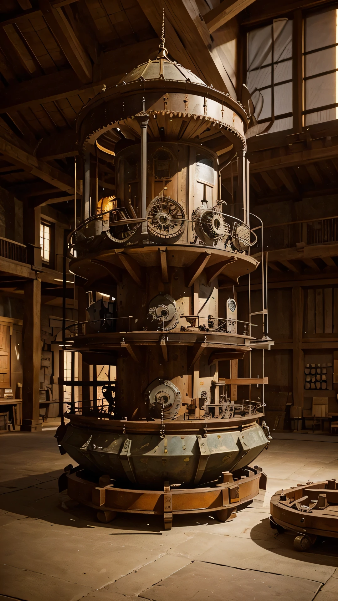 Generate an imaginative and historically inspired image of Leonardo da Vinci's concept for a tank. Envision the tank design with attention to da Vinci's intricate sketches and mechanical principles. Place the tank in a Renaissance workshop, surrounded by other inventions, sketches, and scientific instruments. Pay attention to the mechanical details, such as rotating wheels, gears, and defensive elements characteristic of Leonardo's inventive genius. Use warm and muted colors to evoke the historical context. Consider incorporating subtle details like parchment sketches, inkwells, and candlelight to enhance the ambiance of da Vinci's workshop. Craft an image that brings to life Leonardo da Vinci's innovative vision for a tank during the Renaissance.