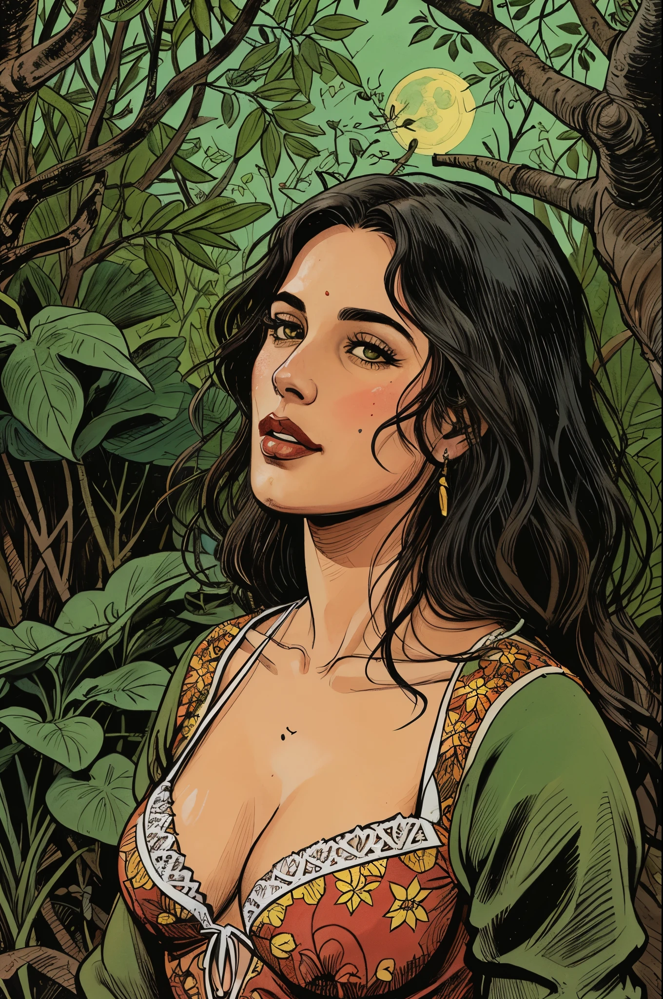 illustration, Mulher, gargantilha,fechar-se, fundo da floresta, lua, bruxa, trevas