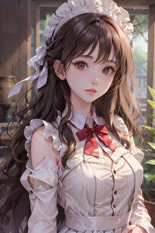 high high quality,tmasterpiece,Delicate facial features,Delicate hair,Delicate eyes,a beauty girl,Black pupils,Confident face,Sunny and cheerful,Light pink gauze dress,the maid outfit,(tmasterpiece)(best qualityer)(Super refined)(illustration) () (detailedlight)(shine)(Delicatemakeup)(Ray traching)(strong colors)(The proportions are correct),The proportions are correct,high qulity,Good atmosphere,delicated,cg render,detail render,(highest quality)(Master masterpieces)(High degree of completion)(a sense of atmosphere)8k wallpaper,tmasterpiece,Best quality at best,ultra - detailed