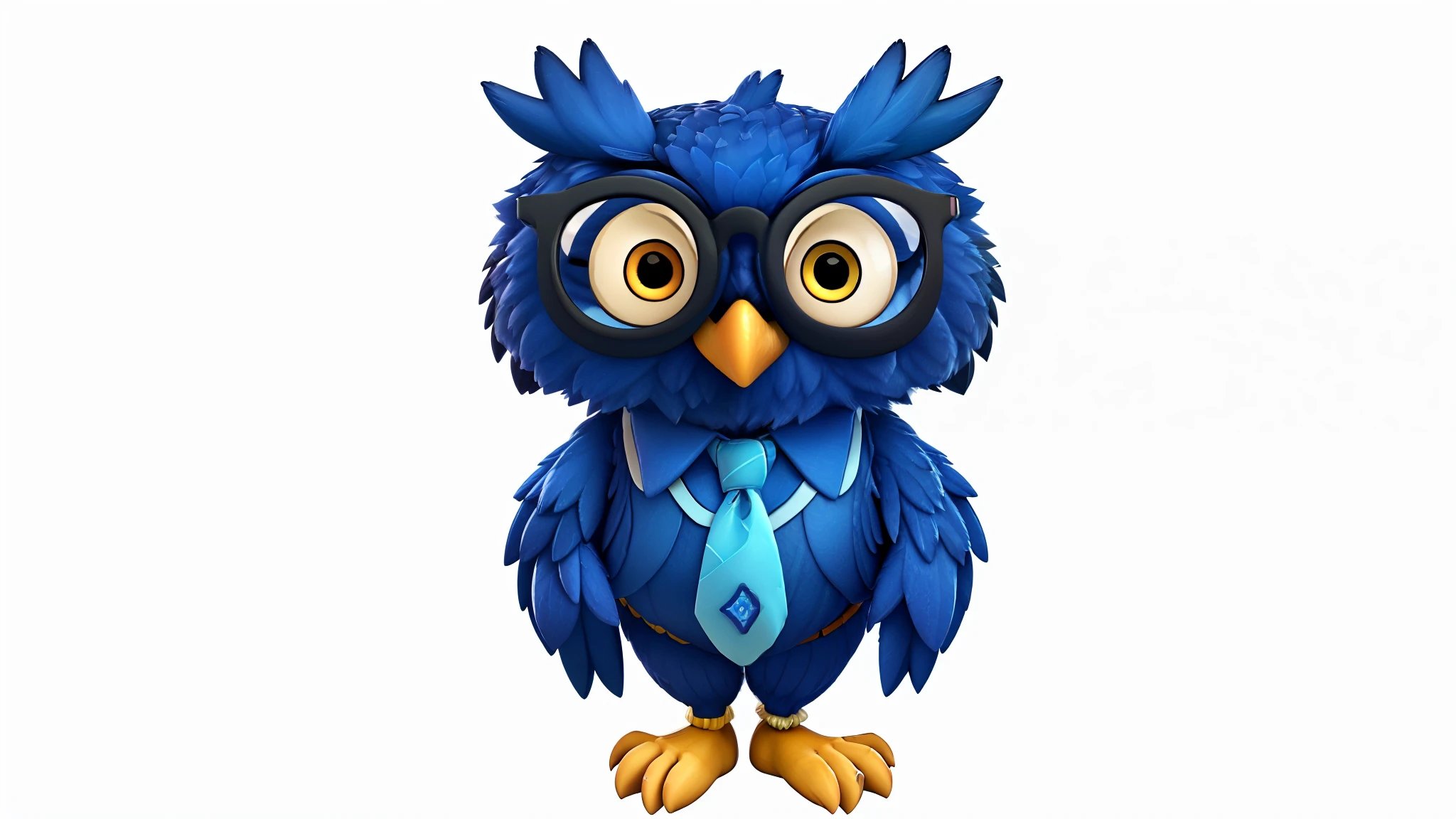 blue owl with glasses and tie, wears a bow tie, cute owl, owl wearing glasses, the wisest of all owls, high definition illustration, 3d, anthropomorphic bird, wearing black glasses, a cute fluffy owl, corporate boss, hd