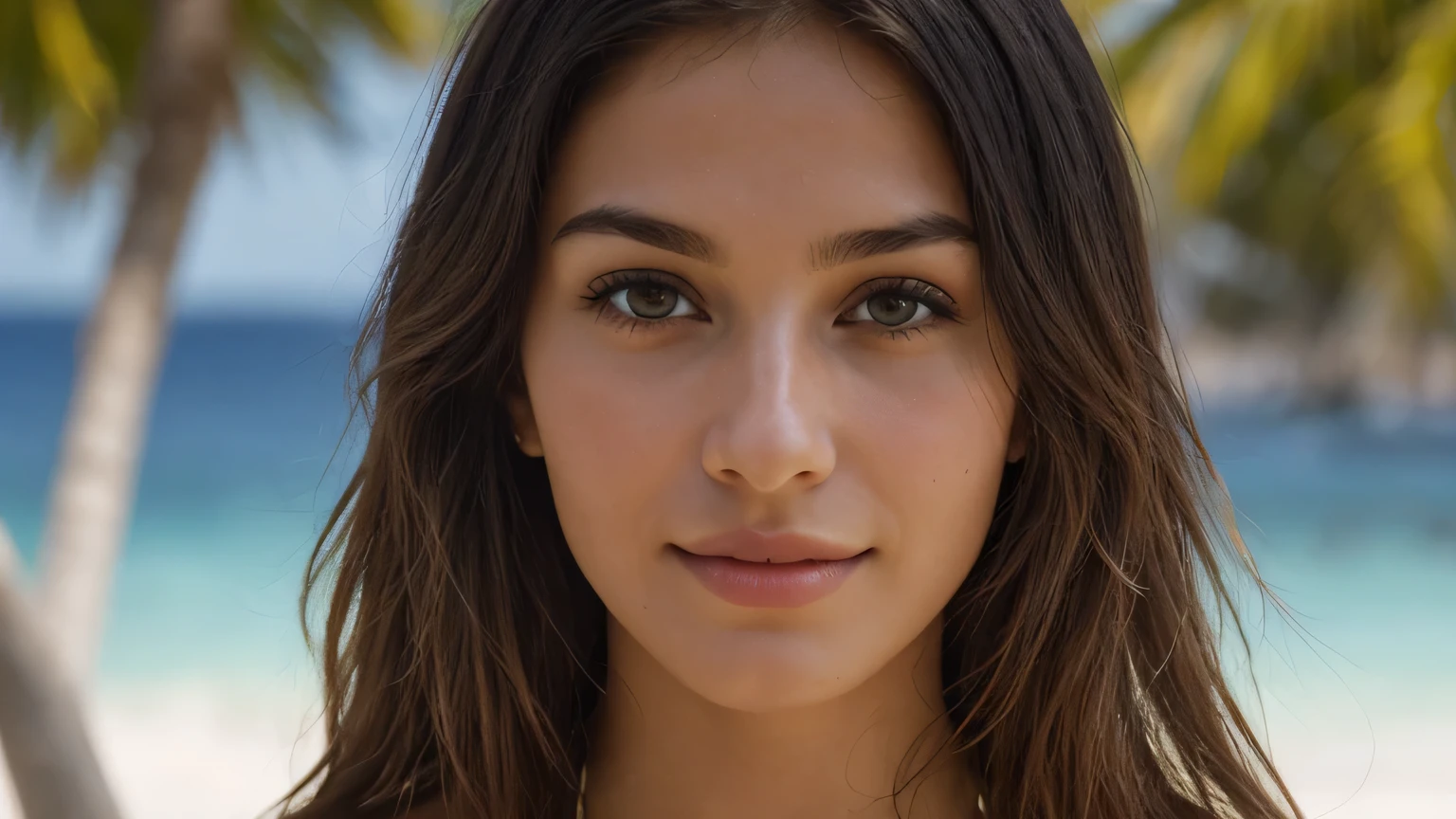 Bandeau Bikini, Soft big, smile, beautiful european model, tropical beach, sunlight, 1 beautiful faceを持つ女の子, Raw UHD Portrait Photography, be familiar with (texture!, hair!, shine, color!!, defect: 1.1), highly be familiar with glowing eyes, specular light, Digital single-lens reflex camera, extreme quality, sharp focus, sharp, degrees of freedom, film grain, (Centered), Fujifilm XT3, crystal clear, center of frame, beautiful face, sharp focus, Bokeh, discreet key, intricate eye details