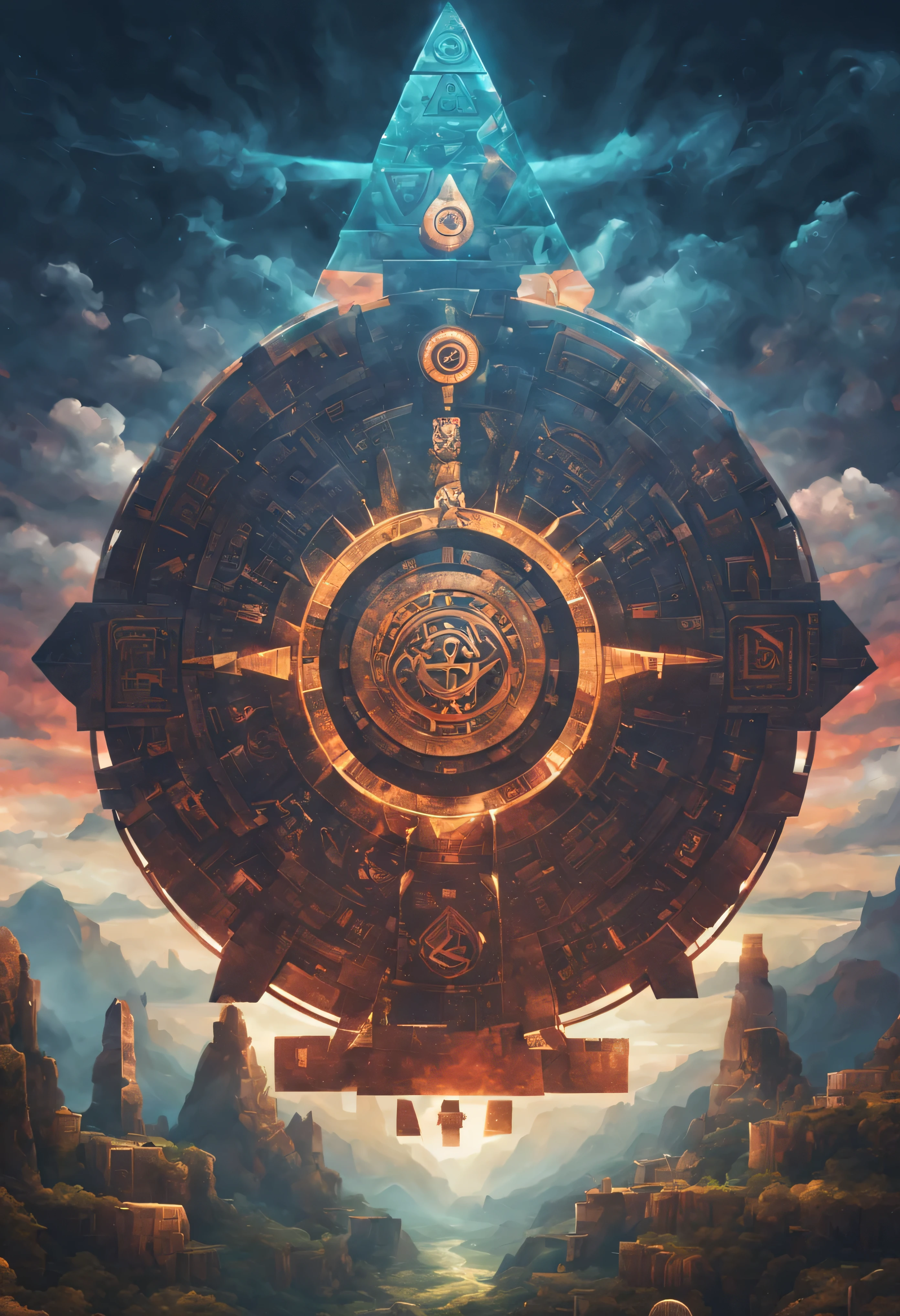 a picture with a conspiracy vibe. Use a combination of ancient symbols and modern technology to create a cryptic atmosphere with Inca Style. BY RAY SHARK