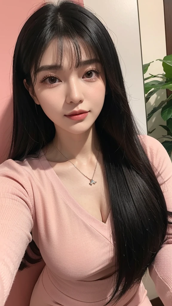 um close up de uma mulher tirando uma selfie sorrindo com um celular, Asian woman with long black hair with bangs and a necklace, Retrato realista de Kawaii, Rosto detalhado de uma japonesa, corte de cabelo preto longo com franja, rosto de anime natural fofo, young lovely korean face, cabelo preto e olhos grandes, ela tem cabelo preto com franja, beautiful asian girl, cabelo preto longo com franja, japonesa, kawaii, com franja, franja, top rosa, roupa rosa, vestido rosa, selfie, ela tem cabelo preto longo com franja, pouco peito, peito pequeno, rosa vestido, cropped rosa claro, roupa rosa claro, peito pequeno 