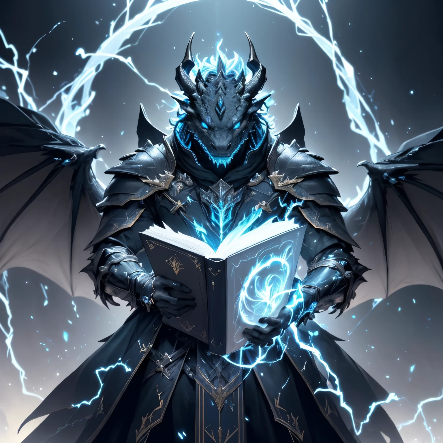 master masterpiece, 4k, highly detailed, HDR, cinematic light,((black and blue theme)), Clear focus，vivd colour, black, Dragonborn, Solo, 1Male, armor, Dragon Wings, wizard,eyes blue,Lightning, Horns, Armor, full armor, book, spell book
