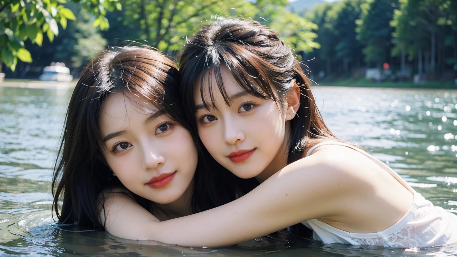 2 beautiful women hugging，(High resolution 8K Raw lifelike,best quality)，Fashion trendy beautiful charming woman，gentle and charming Chinese beautiful woman，South Korea,South Korea流行偶像，Charming goose egg face，double eyelids，Skillful[The lower eyeballs are peach colored，red pink lips，small nose，The focus is on the face，face close-up，Super detailed，Alphabet and Chinese character printed turtleneck bodysuit，Bare shoulders，long hair，(Half body：1.2)，lace，lace， fresh and impressive， natural color，headlight，Normal body proportions， big breasts，tattoo，(lake water，Islands in the lake，Guting Ancient Bridge，lotus leaf，lotus，There are carps in the water)，sunshine on face，sweet smile