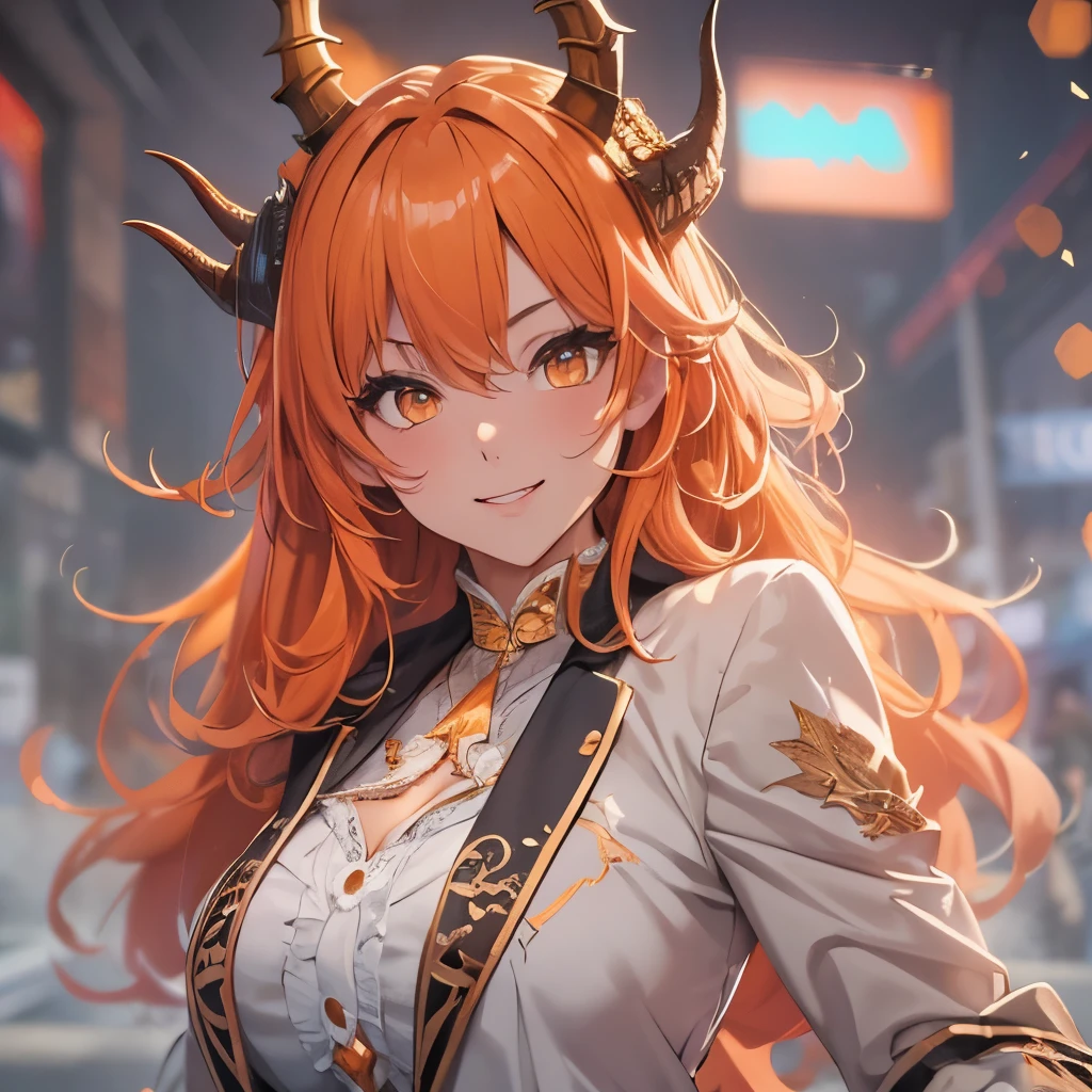 (masterpiece), 8k cg, stunningly beautiful girl, intricate details, chromatic aberration, ((bust shot)), ((looking at viewer)), 1girl, Kiryu Coco, (long wavy hair, (Orange hair) Blazer, Dragon Horns),extremely beautiful and delicate portrait, cute face, wide smile, joyful, soft cheeks, blush, makeup, absurdres, cinematic lighting, dynamic lighting, fantasy, ((dark background, fog))