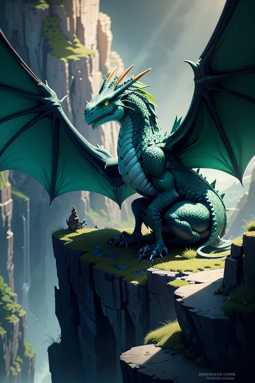 Dragon with wings on top of a cliff, color verde, lanzando llamas en la boca (obra maestra), Mejor calidad, high resolution, 4k, 8k, detailed illustration, detalle intrincado, cinematic lighting, amazing quality, Amazing shading, Soft lighting