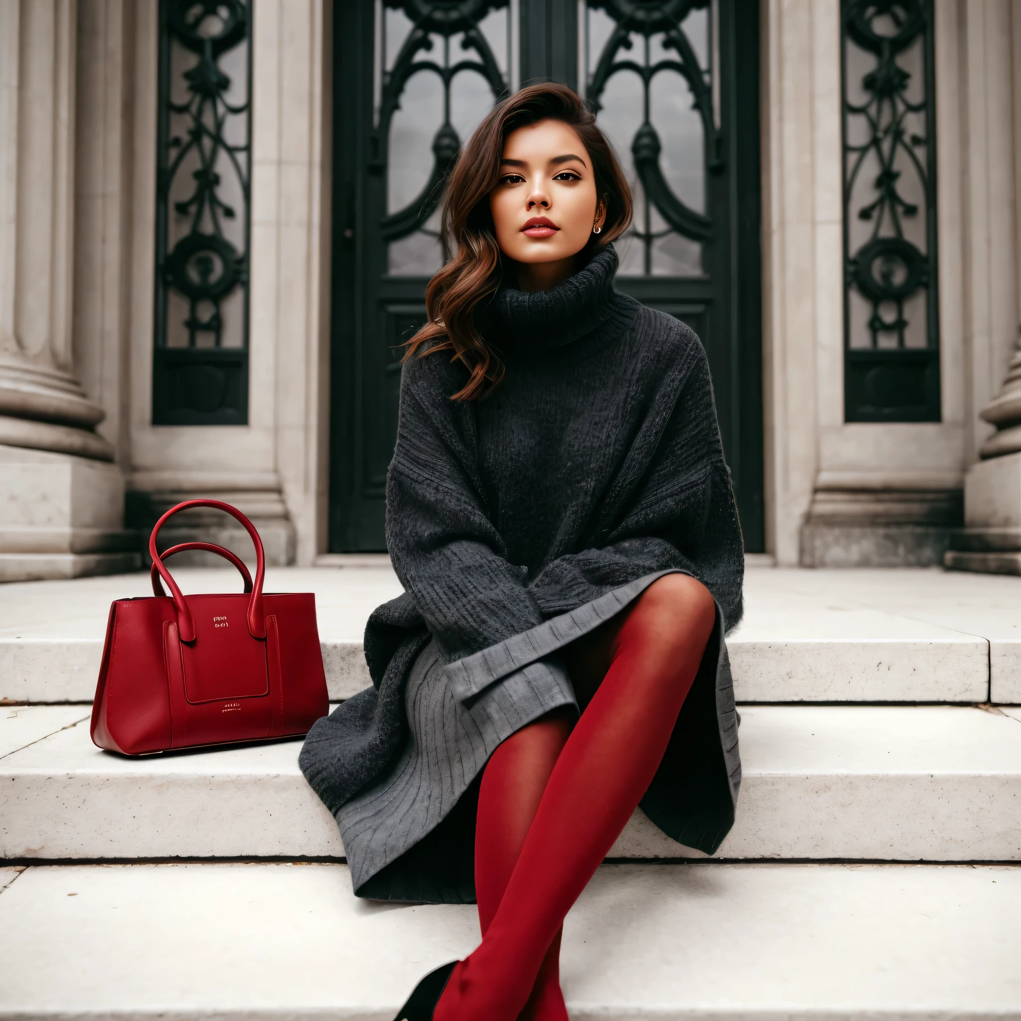 an image of a young woman with a modern and relaxed elegance, sitting casually on white marble steps outside a stately door with intricate glasswork and dark green paint. She is styled in a cozy, oversized, off-the-shoulder sweater in a heathered dark grey that drapes softly over her frame. Complementing the sweater is a flirty, structured grey skirt that adds a playful yet chic touch to her look. Her attire is vividly accented with bold, opaque tights in a striking red, leading down to matching pointed-toe heels, infusing a splash of vibrant color. She is accessorized minimally with a small, bright red shoulder bag that echoes the color of her tights and shoes, creating a cohesive and strikingly stylish outfit.