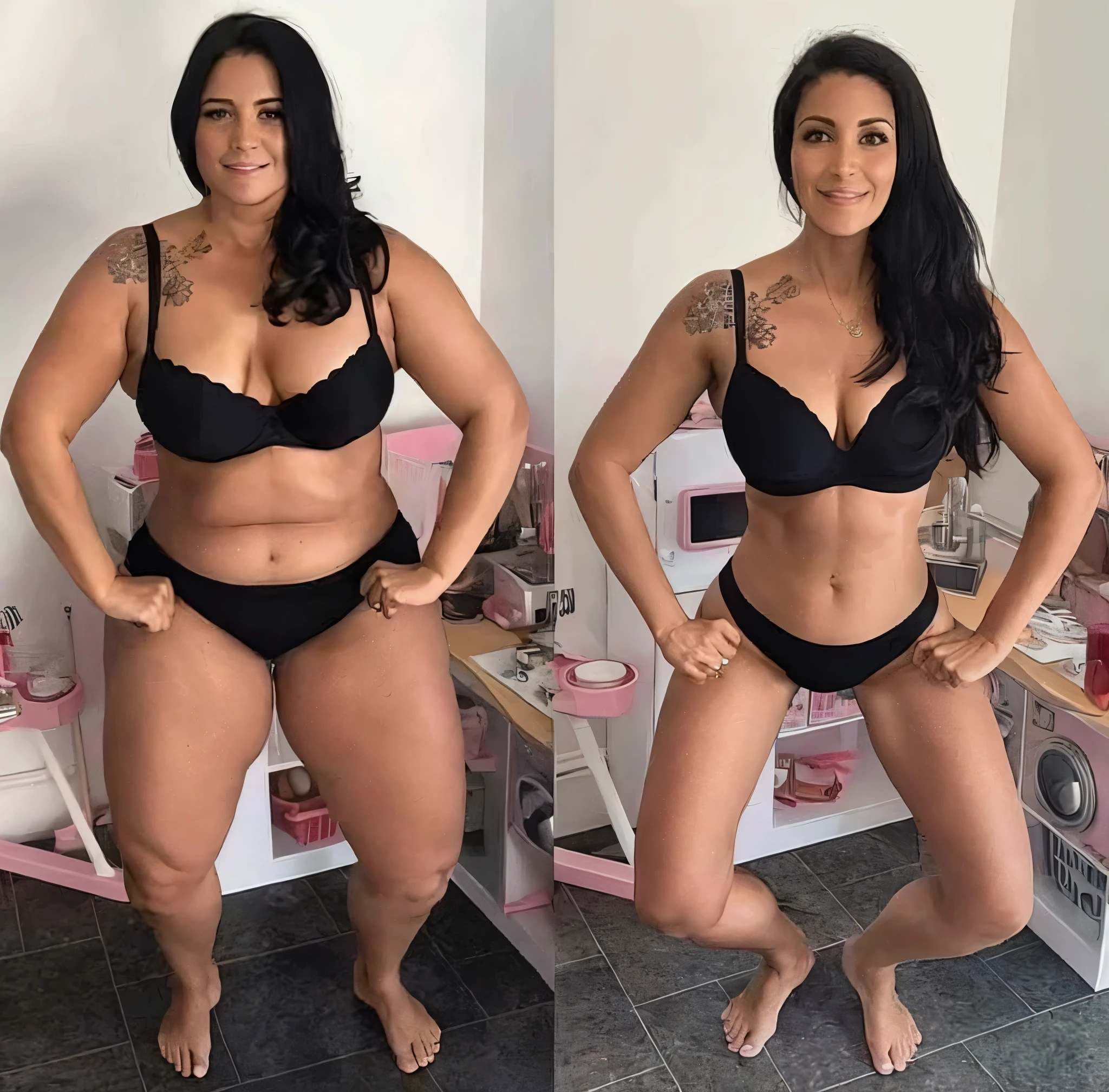 arafed woman in a black bikini and a black bra, skinny waist and thick hips, short flat hourglass slim figure, before and after, 3 5 year brazilian mother, she is about 30 years old, she is about 3 0 years old, fit curvy physique, 30-year-old woman from cuba, she is about 40 years old