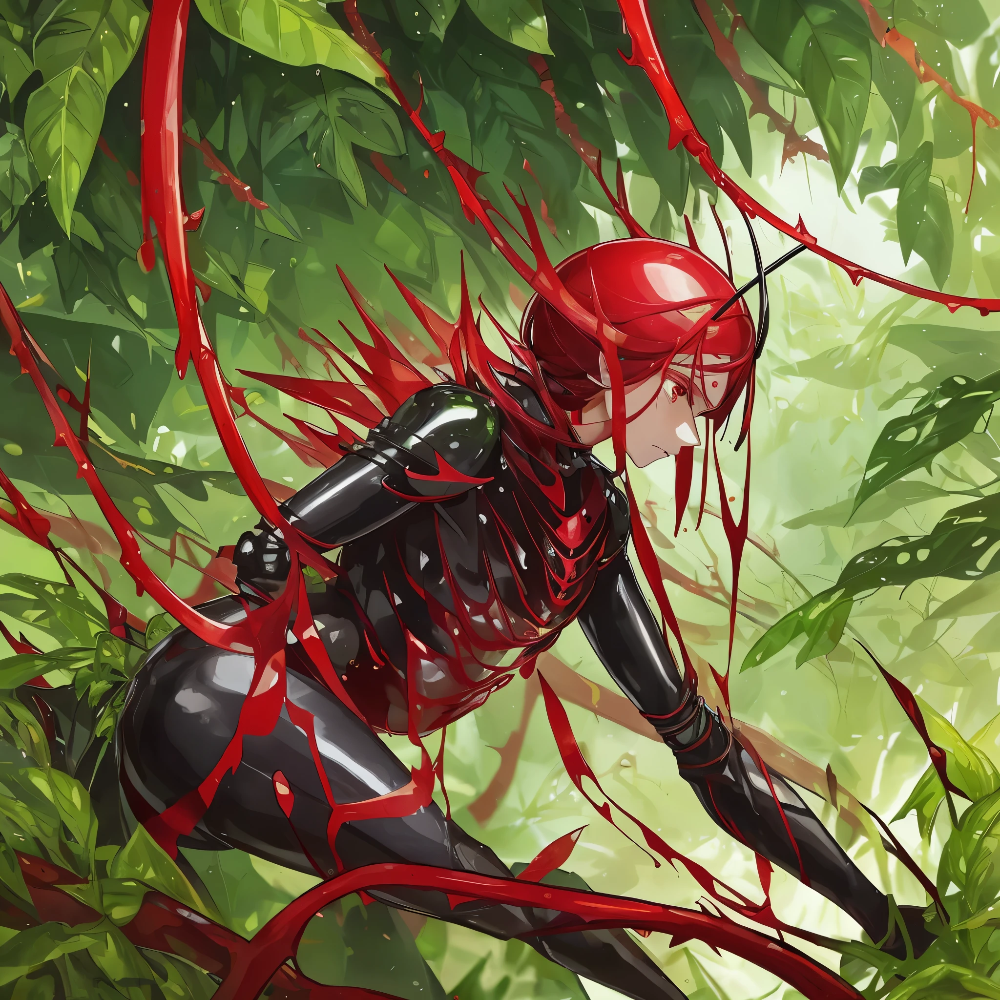 Amidst a lush, vibrant jungle, a solitary ant queen harvests precious red tears from an intriguing plant. Her determined demeanor, with antennae twitching in focus, contrasts the serene stillness of her surroundings. The mysterious plant, in full bloom, boasts an array of petals in rich, deep hues, forming a beautiful backdrop to the intense, red tear that the ant meticulously extracts. With each tear, the ant's exertion shows, her mandibles working in earnest, ready to carry the valuable resource back to her colony.
Red tears – vivid, precious, and a testament to the wonders of