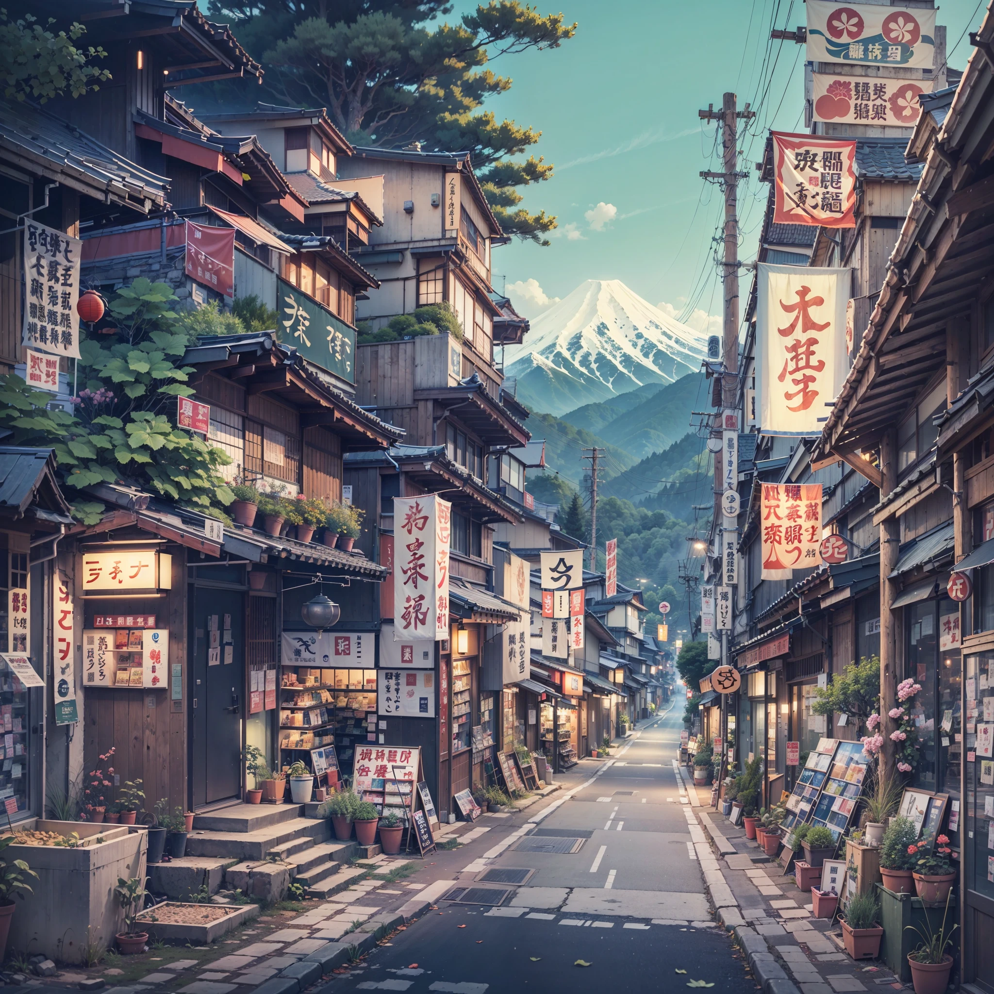 anime background, anime wallpaper, anime, anime style, lofi, lofi style, rural japanese street on the edge of a mountain, mountains, uphill, modern japanese architecture, japanese convenience store, big retro japanese shop signs, retro japanese store, trees, plants, rocks, plant pots, shop signs, japanese banners, japanese signs, flags, empty street, no one in sight, (no one: 1), best quality, wide view, street going uphill, buildings tight together, night time, night