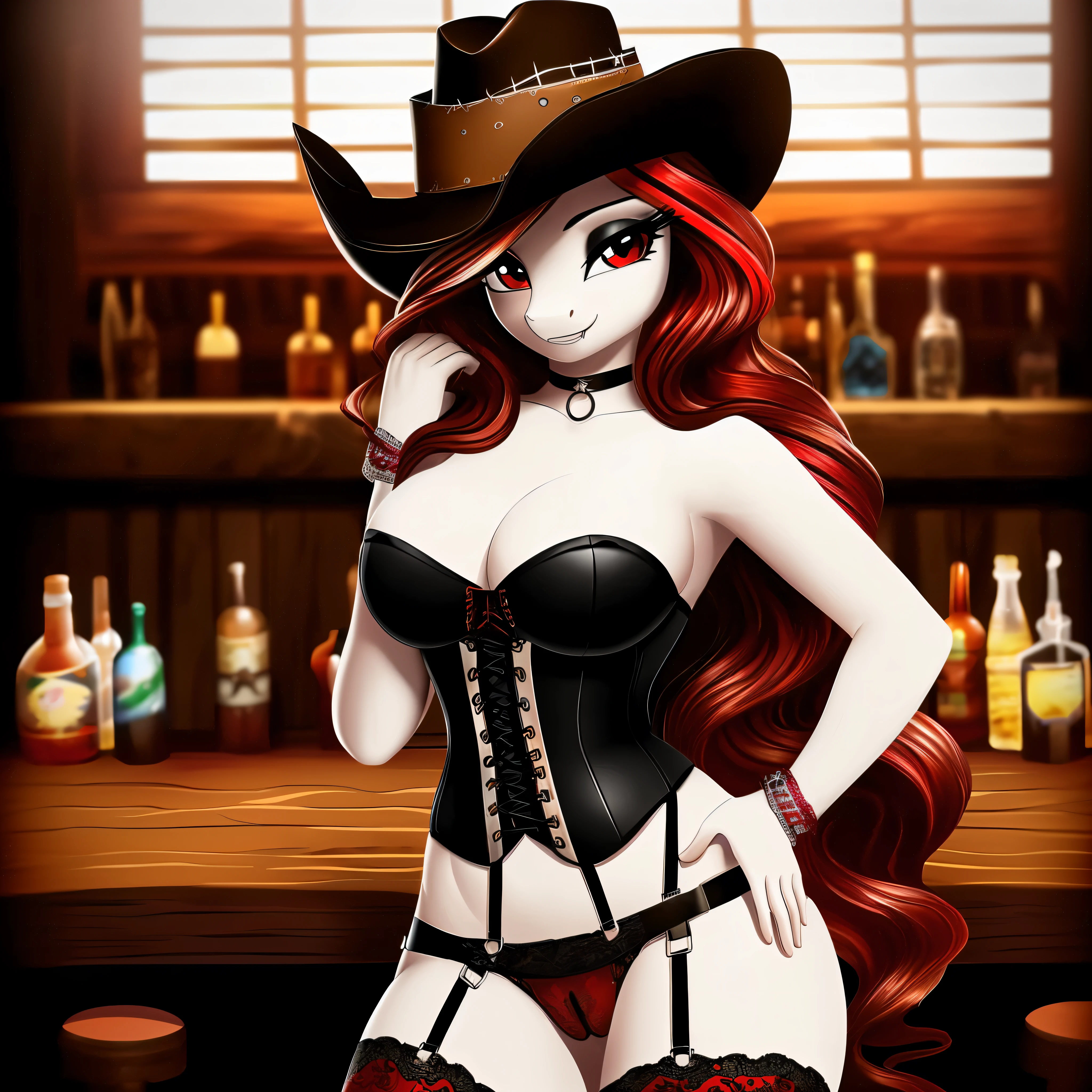 (((Beautiful))), ((ultra realistic)), 1 girl, one character, MLP, pony, my little pony, ((feminine pose)), (((huge long bright red wavy hair))), (((beautiful red color eyes))), (((white body))), (((black eye shadow))), (((Red Dead Redemption Style))), (((black and red cowboy hat))), (((Smiling sexily))), ((breast)), (huge ass), ((black and red lace-up corset top and bra)), (black lace thong with straps and dark brown translucent in the pussy area), (bracelets), ((lace stockings with suspenders)), camel toe, (Model), light blush, Small fangs, leather necklace, ((filter: west)), Sun Ray, ((background: saloon-bar)), ((high detail)), ((masterpiece)), ((Best quality)), 8K