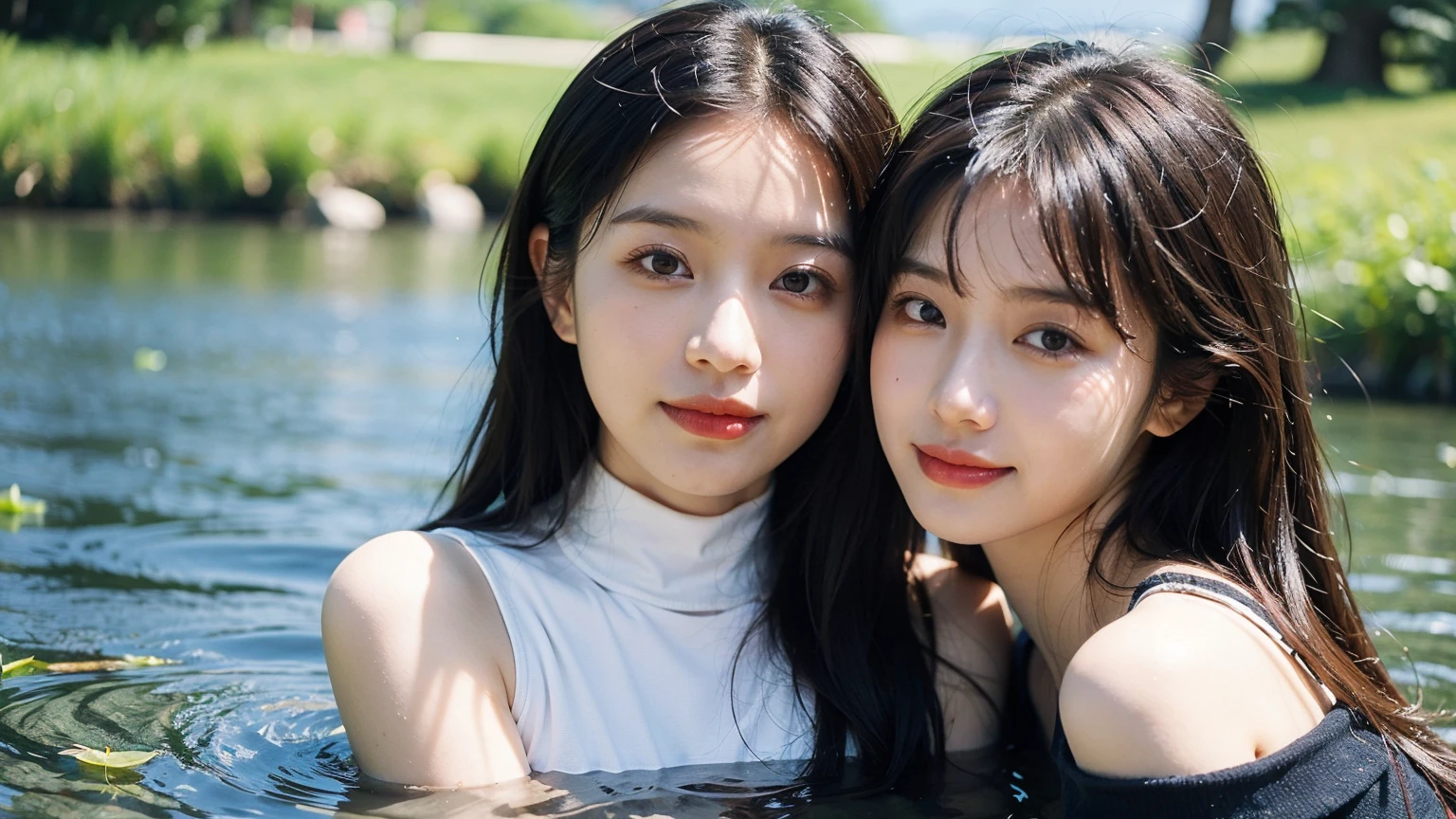 2 beautiful women hugging,(High resolution 8K Raw lifelike,best quality),Fashion trendy beautiful charming woman,gentle and charming Chinese beautiful woman,South Korea,South Korea流行偶像,Charming goose egg face,double eyelids,Skillful[The lower eyeballs are peach colored,red pink lips,small nose,The focus is on the face,face close-up,Super detailed,Alphabet and Chinese character printed turtleneck bodysuit,Bare shoulders,long hair,(Seven-part shot),lace,lace, fresh and impressive, natural color,headlight,Normal body proportions, big breasts,tattoo,(lake water,Islands in the lake,Guting Ancient Bridge,lotus leaf,lotus,There are carps in the water),sunshine on face,sweet smile