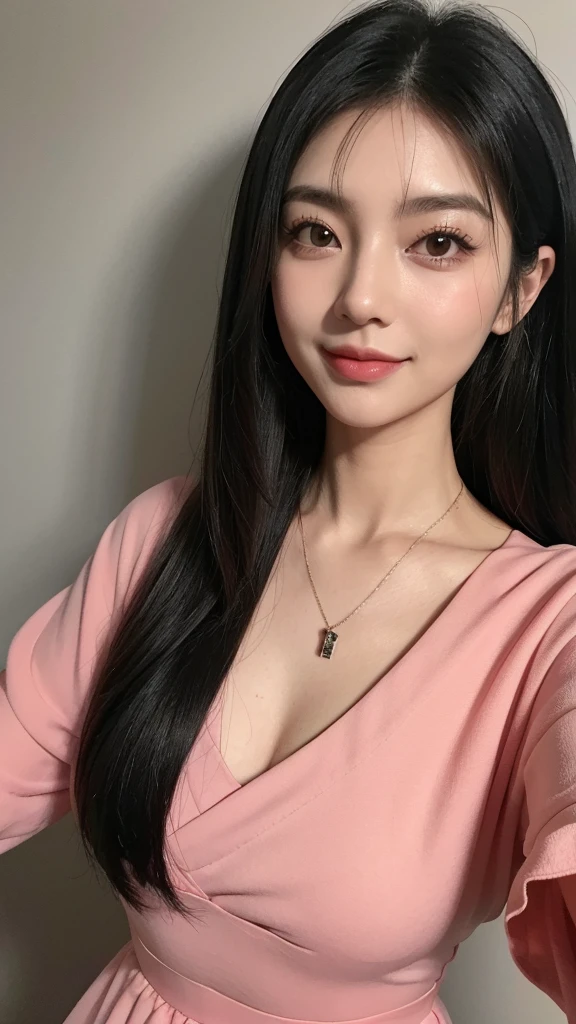 um close up de uma mulher tirando uma selfie sorrindo com um celular, Asian woman with long black hair with bangs and a necklace, Retrato realista de Kawaii, Rosto detalhado de uma japonesa, corte de cabelo preto longo com franja, rosto de anime natural fofo, young lovely korean face, cabelo preto e olhos grandes, ela tem cabelo preto com franja, beautiful asian girl, cabelo preto longo com franja, japonesa, kawaii, com franja, franja, top rosa, roupa rosa, vestido rosa, selfie, ela tem cabelo preto longo com franja, pouco peito, peito pequeno, rosa vestido, cropped rosa claro, roupa rosa claro, peito pequeno, cinco dedos, small Chest, mamas pequenas, vestido rosa, vestido rosa florido