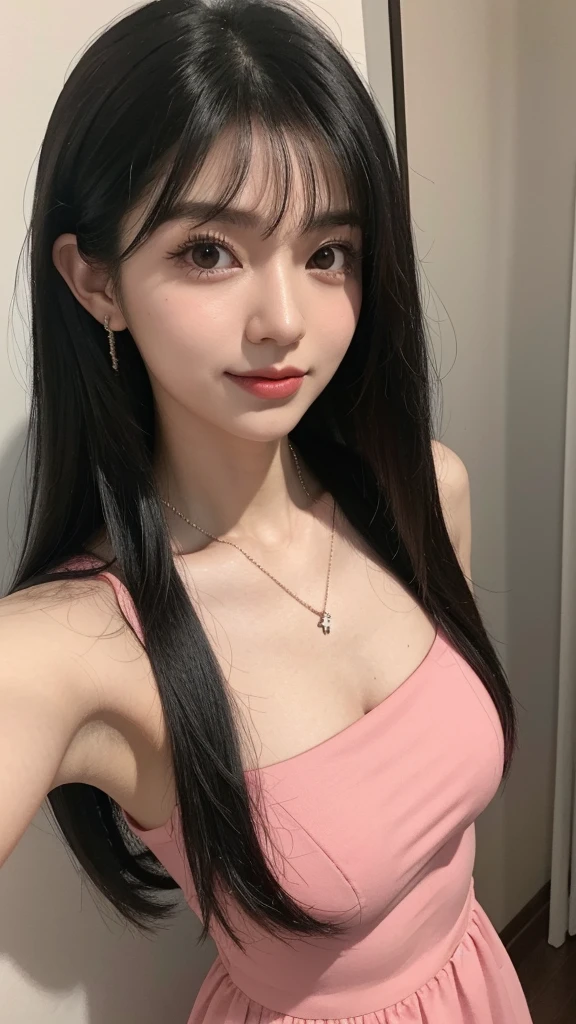 um close up de uma mulher tirando uma selfie sorrindo com um celular, Asian woman with long black hair with bangs and a necklace, Retrato realista de Kawaii, Rosto detalhado de uma japonesa, corte de cabelo preto longo com franja, rosto de anime natural fofo, young lovely korean face, cabelo preto e olhos grandes, ela tem cabelo preto com franja, beautiful asian girl, cabelo preto longo com franja, japonesa, kawaii, com franja, franja, top rosa, roupa rosa, vestido rosa, selfie, ela tem cabelo preto longo com franja, pouco peito, peito pequeno, rosa vestido, cropped rosa claro, roupa rosa claro, peito pequeno, cinco dedos, small Chest, mamas pequenas, vestido rosa, vestido rosa florido