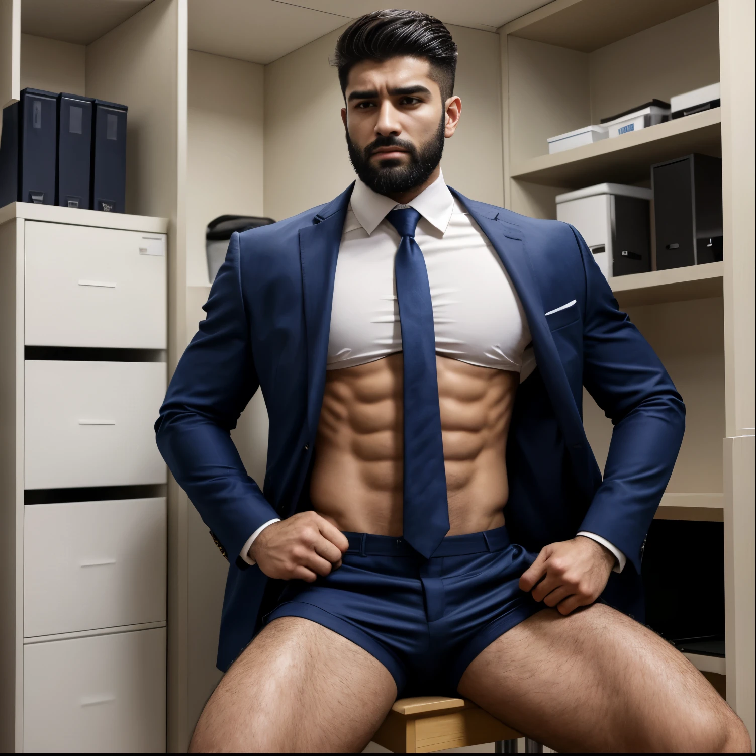 Arab men，20 years old young and strong，bearded，muscular，shirtless，Smoking，Leg hair is exuberant。wearing a suit，Chest hair is exuberant，Meng 1，condescending，Ruffian handsome，Abdomen hair is exuberant，The feet stink，Heat radiates from the socks，Men with short hair，Strong body hair，Strong male hormones，In the stadium，in office，At the corporate office，In the company utility room，The expression is fierce，The expression is very serious，Very angry expression，wearing a suit