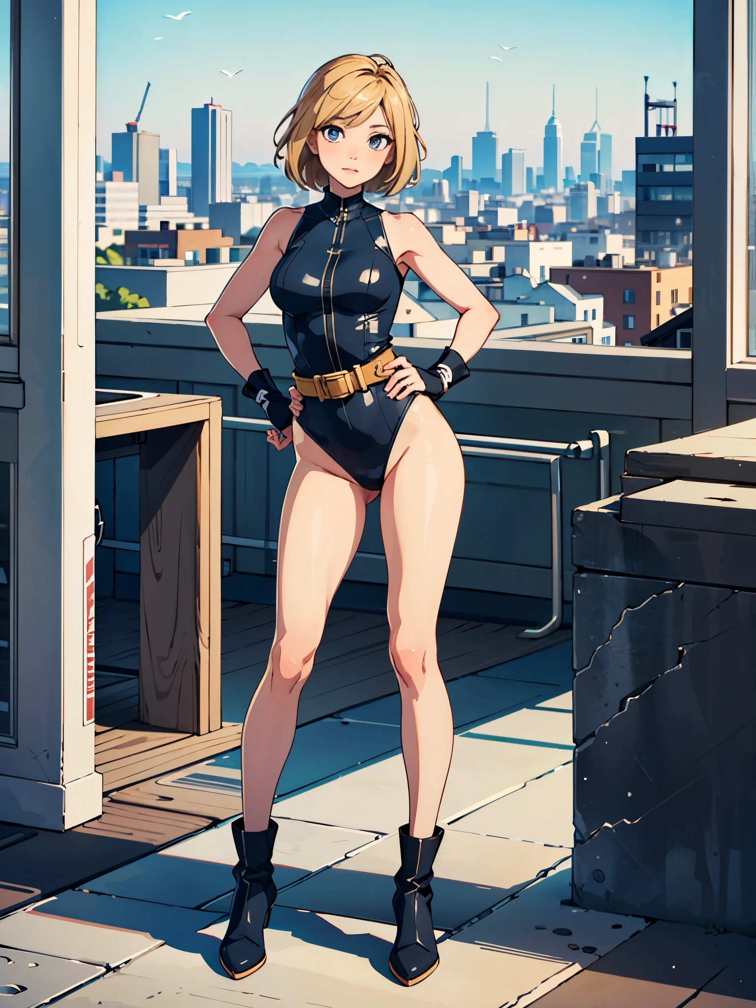 (((pixel-perfect, detail-perfect))), 1girl, superhero, leotard, highleg leotard, bare legs, boots, standing, solo focus, golden belt, hands on hip, full body shot, mature lady, city backdrop, sleeveless, ultra highres, absurdres, beautiful face, detailed eyes, symmetric eyes, perfect body, good proportions