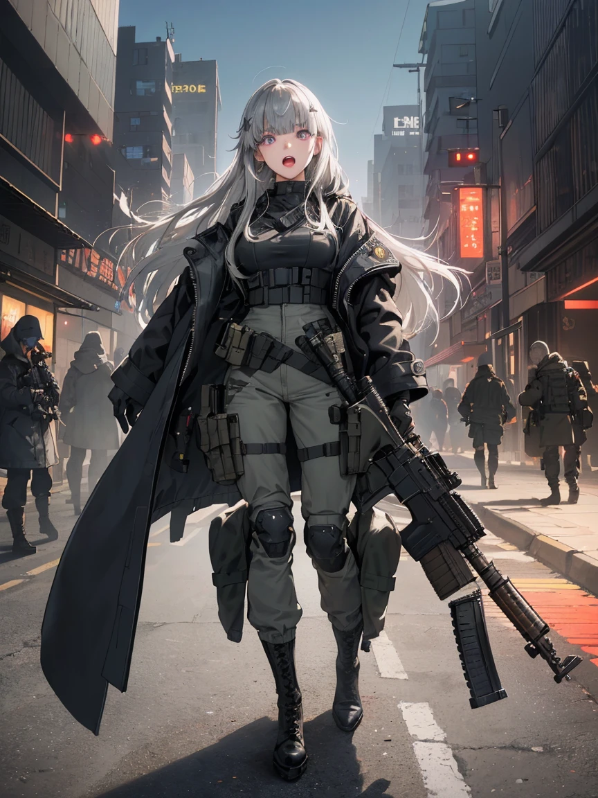 full body, 1a person、Fluttering hair、Beautuful Women、(skin tanned、A detailed face、Detailed facial contours、sharp outline、A detailed eye、Bright pupils、Gradient Eyes:1、finely detailed beautiful eye:1、Symmetrical eyes:1、big highlight on eyes:1.2)、Detailed hair strands、Purple eyes)、abdominals、breasts are medium in size、25-years old、open open mouth、White teeth are visible、Glossy lips、Three-dimensional nose、Three-dimensional lips、(asymmetrical bangs、Long gray hair、short-cut、disheveled hair)、(Army Pants、Military、coat jacket、parka、hand gloves、Army Boots、Tactical Holster、automatic rifle、assault rifle、M16、M4 carbine、HK416、Hold a military rifle、Have a military rifle)、(Fine fingers、detailed arms、detailed human hands)、(in 8K、top-quality、masterpiece、 The ultra -The high-definition、 Top resolution、ighly detailed、 profetional lighting、Near and far law、Post-apocalyptic cyberpunk city、(High dynamic range)、foco nítido:1。4、(Hyper-detailing、finedetail)、