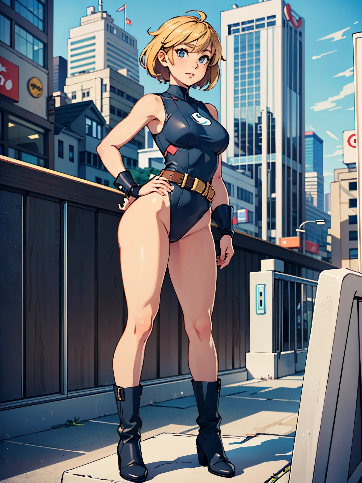 (((pixel-perfect, detail-perfect))), 1girl, superhero, leotard, highleg leotard, bare legs, boots, standing, solo focus, golden belt, hands on hip, full body shot, mature lady, city backdrop, sleeveless, ultra highres, absurdres, beautiful face, detailed eyes, symmetric eyes, perfect body, good proportions