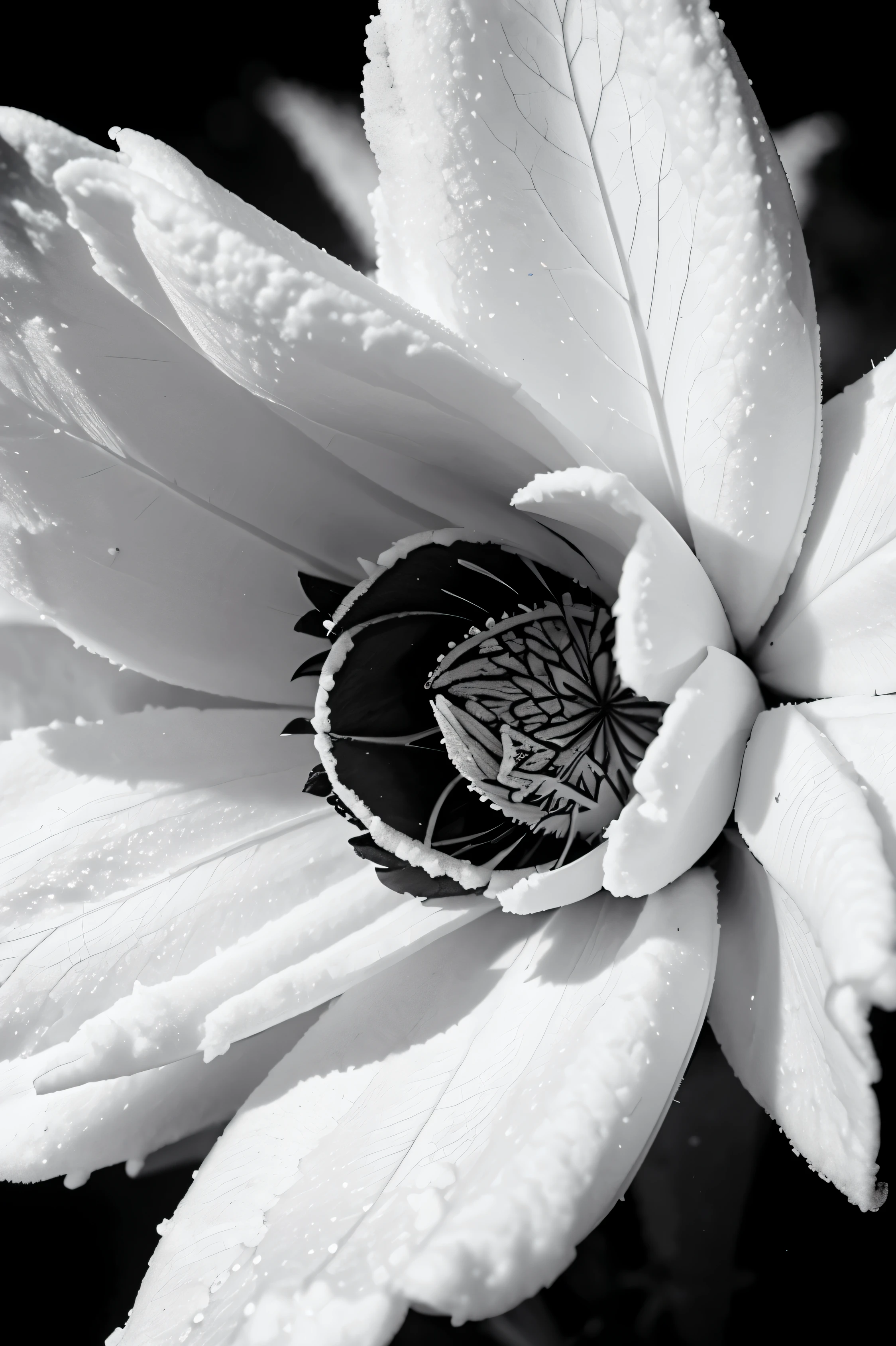 black and white sketch of a plant, specifically a close-up of some snow