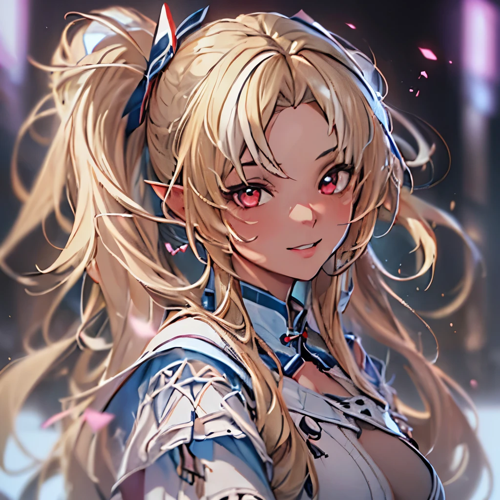 (masterpiece), 8k cg, stunningly beautiful girl, intricate details, chromatic aberration, ((bust shot)), ((looking at viewer)), 1girl, Shiranui Flare, (long Ponytail, (blonde hair)),extremely beautiful and delicate portrait, cute face, wide smile, joyful, soft cheeks, blush, makeup, absurdres, cinematic lighting, dynamic lighting, fantasy, ((dark background, fog))