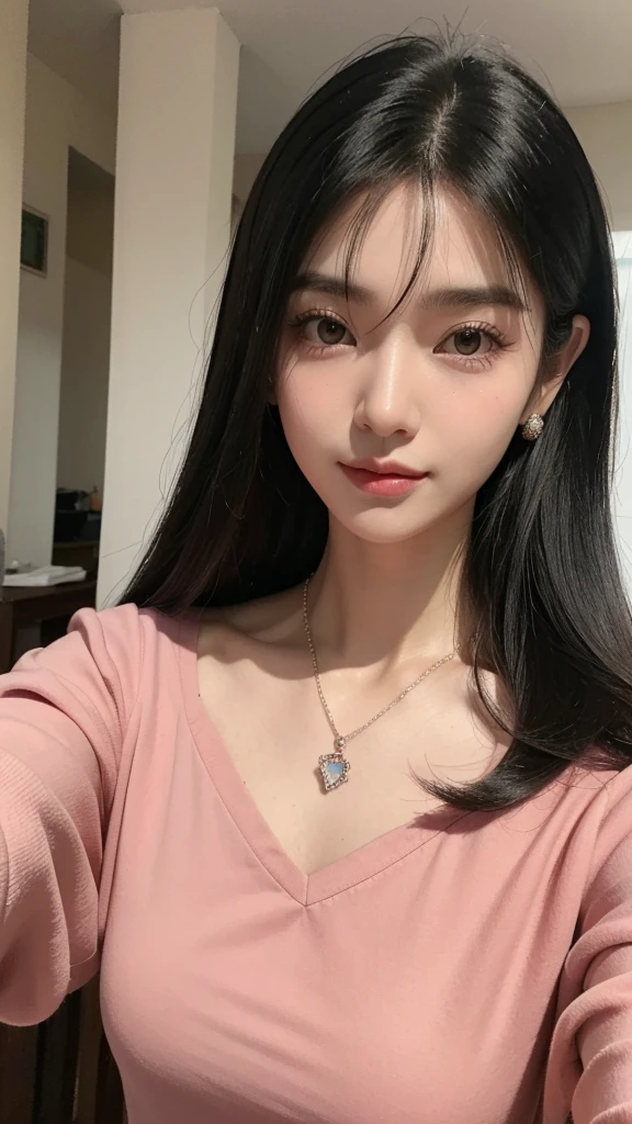 um close up de uma mulher tirando uma selfie sorrindo com um celular, Asian woman with long black hair with bangs and a necklace, Retrato realista de Kawaii, Rosto detalhado de uma japonesa, corte de cabelo preto longo com franja, rosto de anime natural fofo, young lovely korean face, cabelo preto e olhos grandes, ela tem cabelo preto com franja, beautiful asian girl, cabelo preto longo com franja, japonesa, kawaii, com franja, franja, top rosa, roupa rosa, vestido rosa, selfie, ela tem cabelo preto longo com franja, pouco peito, peito pequeno, rosa vestido, cropped rosa claro, roupa rosa claro, peito pequeno, cinco dedos, small Chest, mamas pequenas, vestido rosa, vestido rosa florido