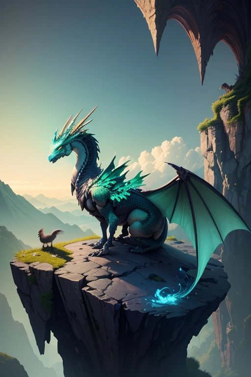 Dragon with wings on top of a cliff, color verde, fuego, llamas,  lanzando llamas en la boca (obra maestra),  Mejor calidad, high resolution, 4k, 8k, detailed illustration, detalle intrincado, cinematic lighting, amazing quality, Amazing shading, Soft lighting