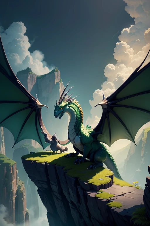 Dragon with wings on top of a cliff, color verde, fuego, llamas,  lanzando llamas en la boca (obra maestra),  Mejor calidad, high resolution, 4k, 8k, detailed illustration, detalle intrincado, cinematic lighting, amazing quality, Amazing shading, Soft lighting