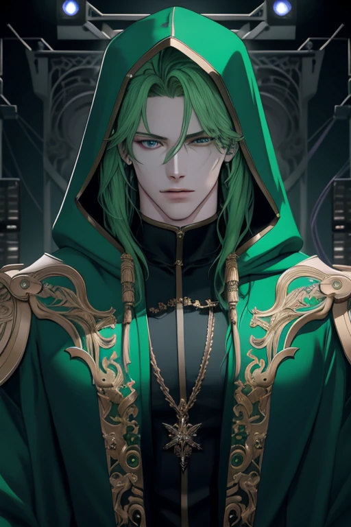 masterpiece, best quality, 1 male, adult, handsome, tall muscular guy, broad shoulders, finely detailed eyes and detailed face, extremely detailed CG unity 8k wallpaper, intricate details, green hair, oversized hood, Musician, Musical attire, Recording studio, Composing music, Performing live, Collaborating with other musicians, depth of field