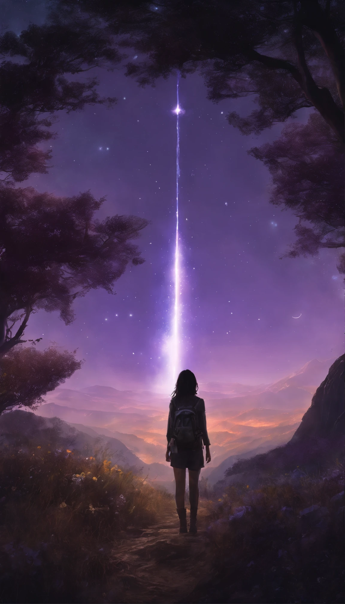 Expansive landscape photograph, (view from below with a view of the sky and wilderness below), (long-sleeved top, denim shorts, carrying a backpack), (dynamic pose:1.3, black eyes, black hime-cut long hair, sparkling girl)[:0.8] standing in a flower field looking up, (full moon: 1.2), (shooting star: 0.9), (nebula: 1.3), distant mountain, tree break production art, (warm light source: 1.2), (firefly: 1.2), lamp, purple and orange, intricate detail, volume lighting, realism break (masterpiece: 1.2) (Best Quality), 4K, Ultra-Detailed, (Dynamic Configuration: 1.4), Highly Detailed and Colorful Details, (Iridescent Colors: 1.2), (Glowing Lighting, Atmospheric Lighting), Dreamy, Magical, (Solo: 1.2)