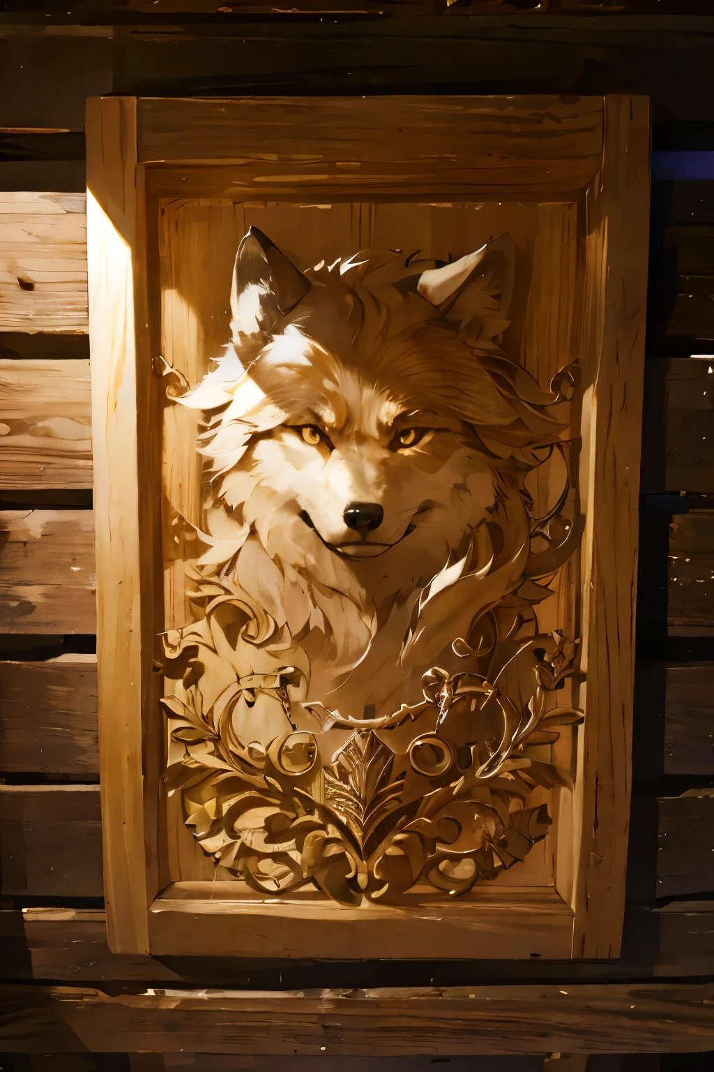 Wooden wall carved with a wolf image 